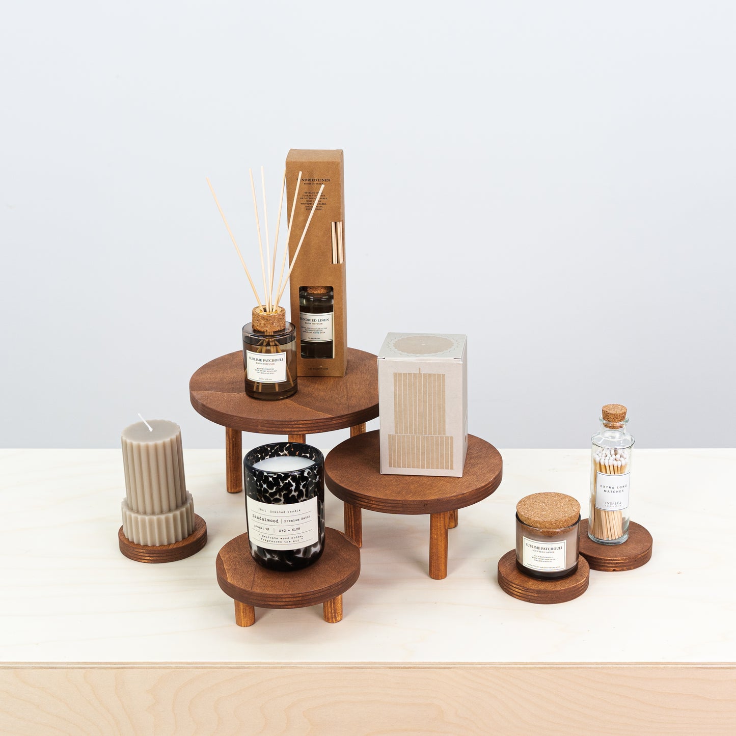 eco-friendly wooden risers for showcasing beauty products