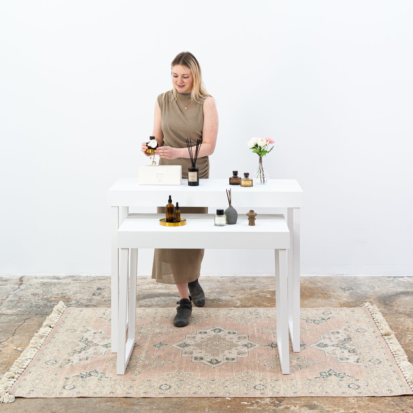Modern cascade display tables for pop-up retail events
