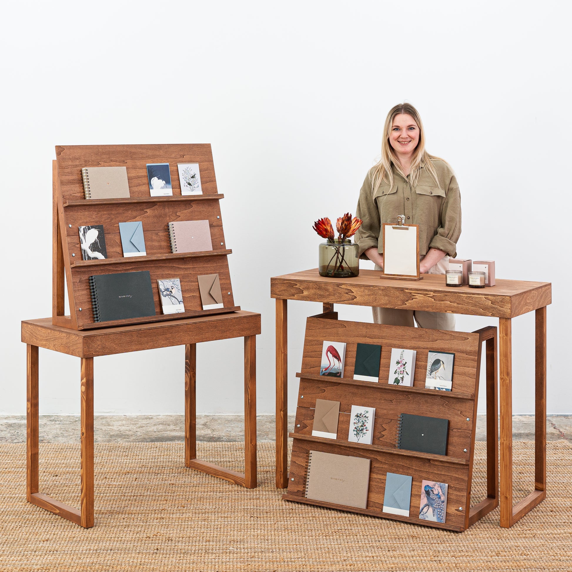 Foldable wooden literature display stand in coffee color