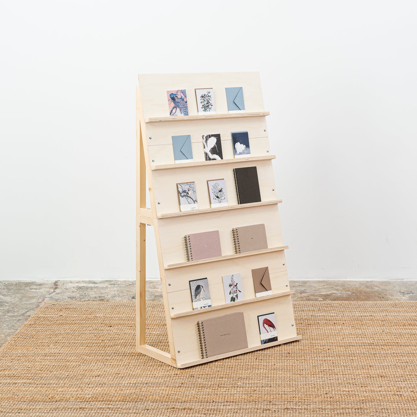 Natural plywood postcard stand ideal for exhibitions