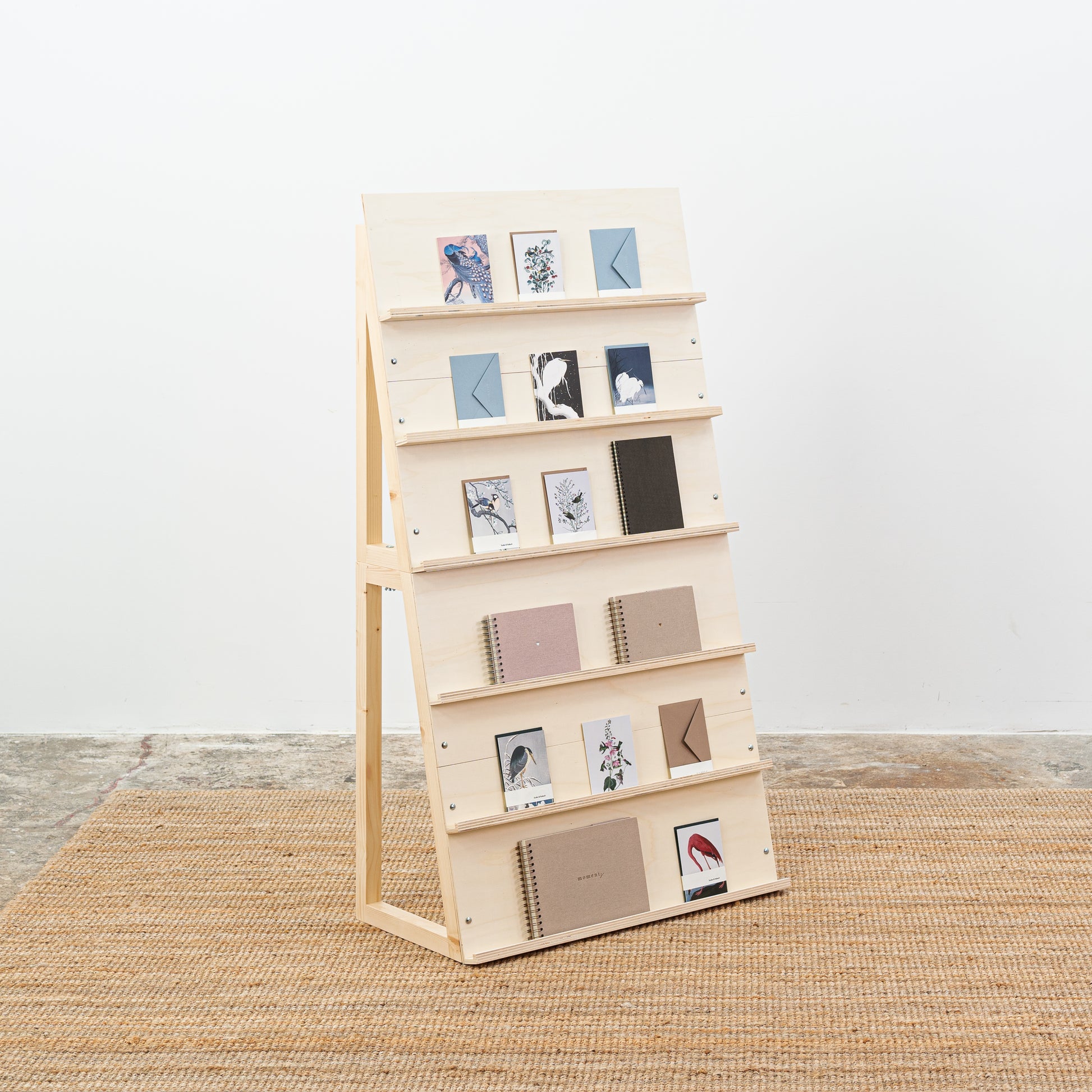 Natural plywood postcard stand ideal for exhibitions
