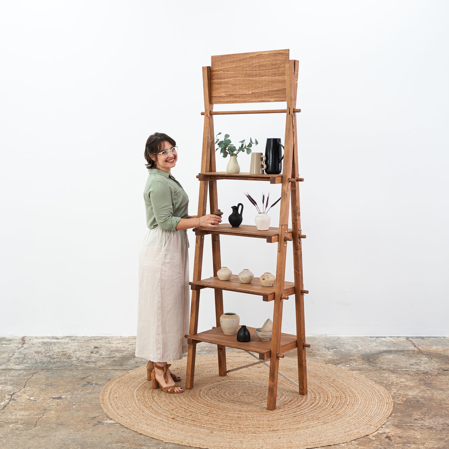 Coffee A-frame wooden display shelf with 4 tiers and ceramic products