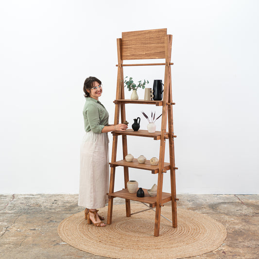 Coffee A-frame wooden display shelf with 4 tiers and ceramic products
