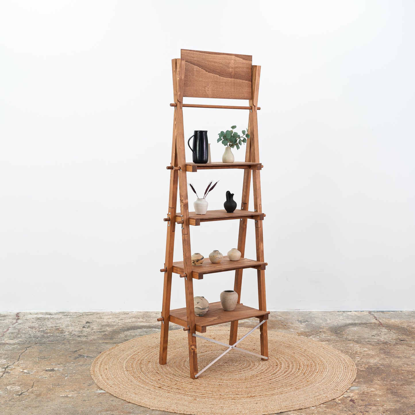 Compact retail shelving with earthy aesthetic