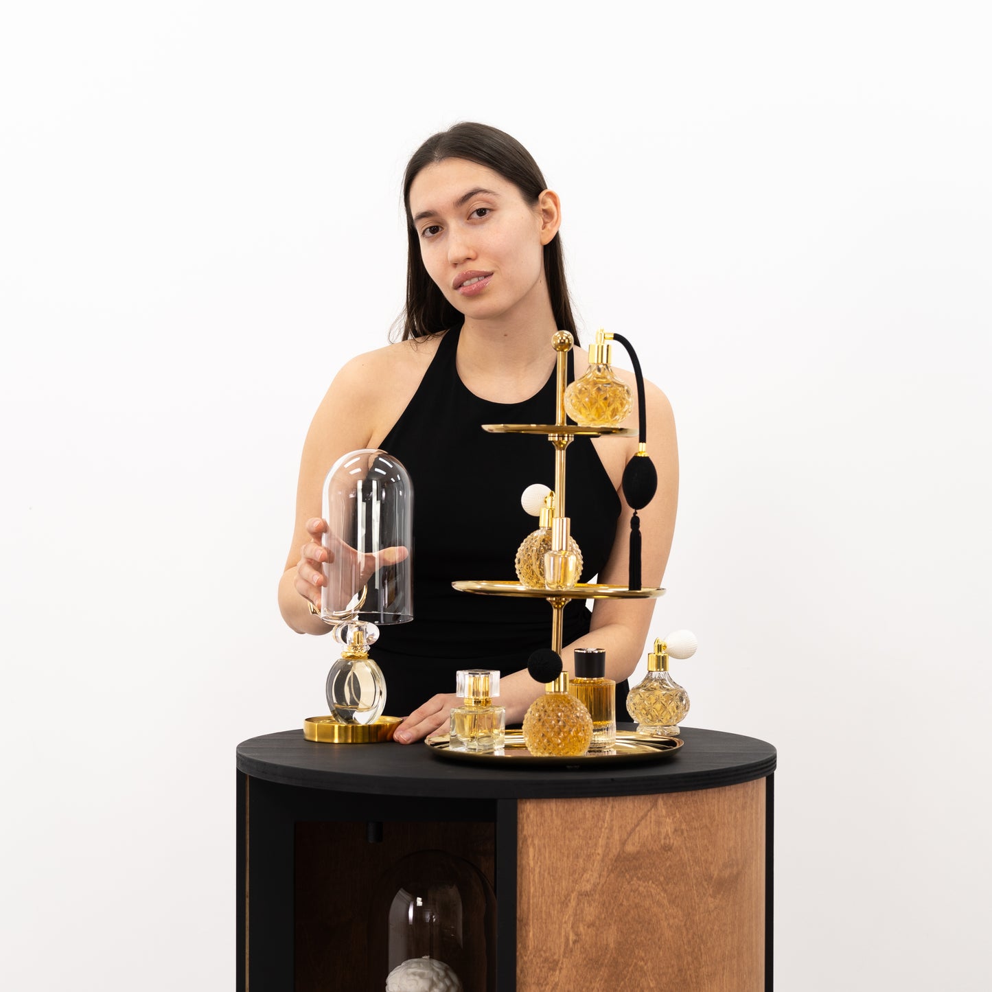Wooden round host stand with modern aesthetics and practical storage, perfect for setting up a professional display at any event.