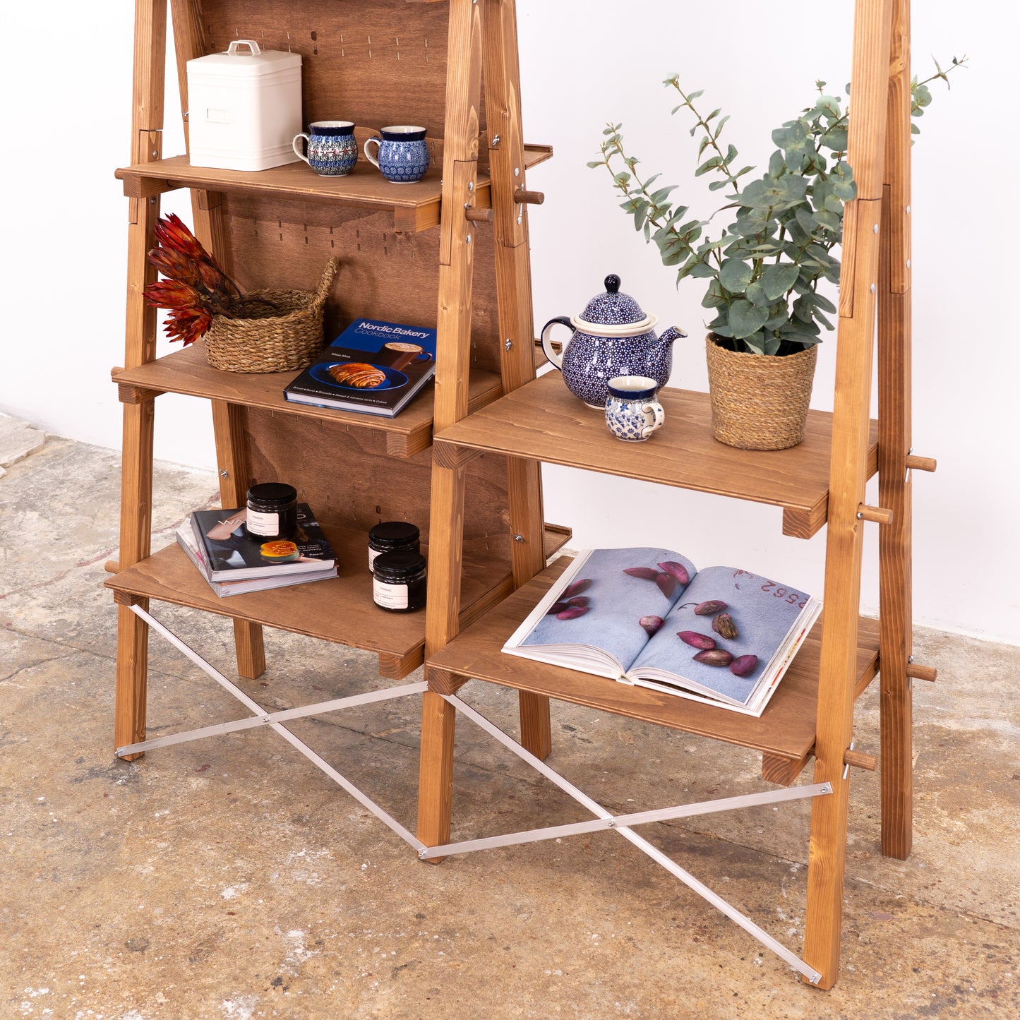 Dual-function retail unit with warm-toned wood and tool-free assembly