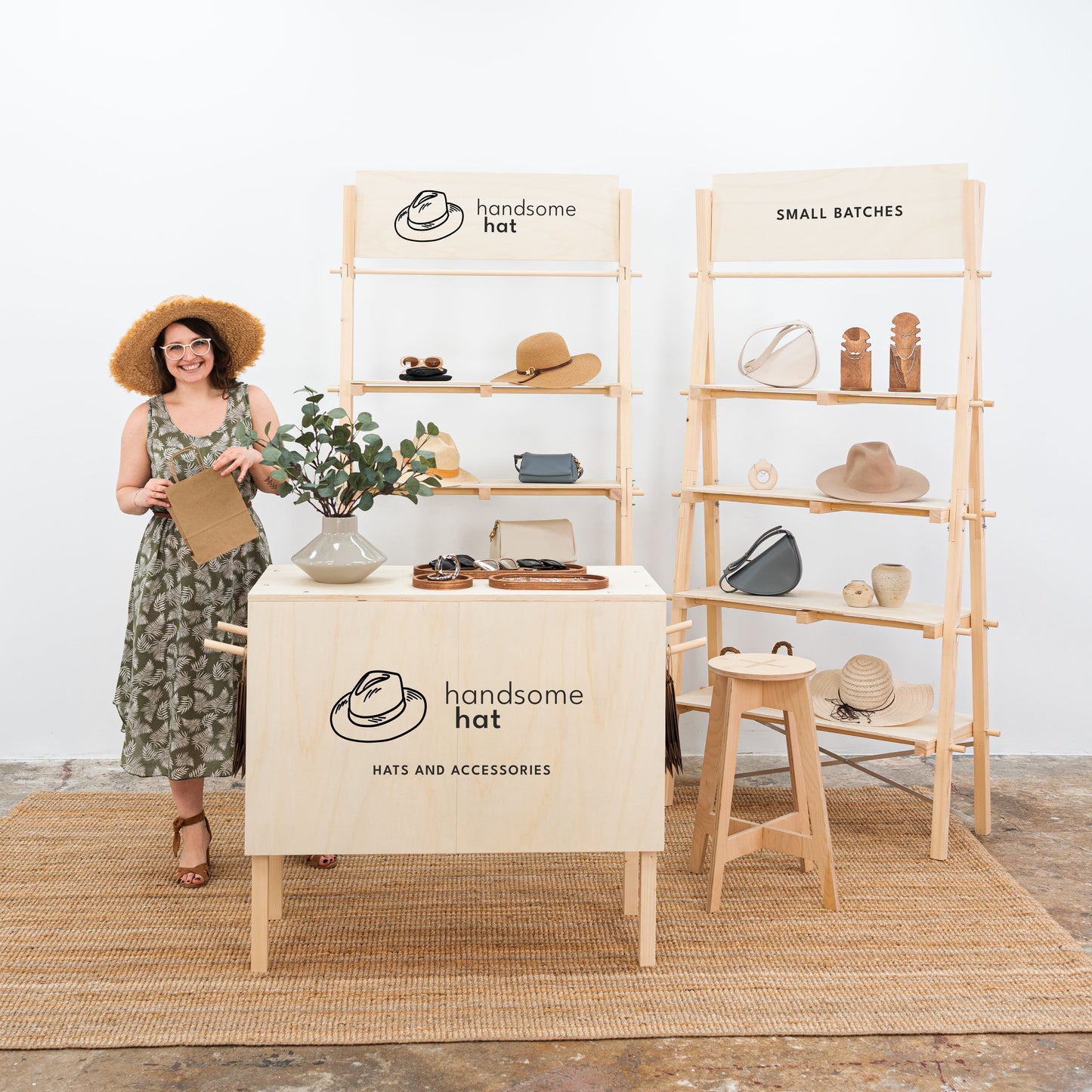 Modular trade show booth setup with natural wood finish
