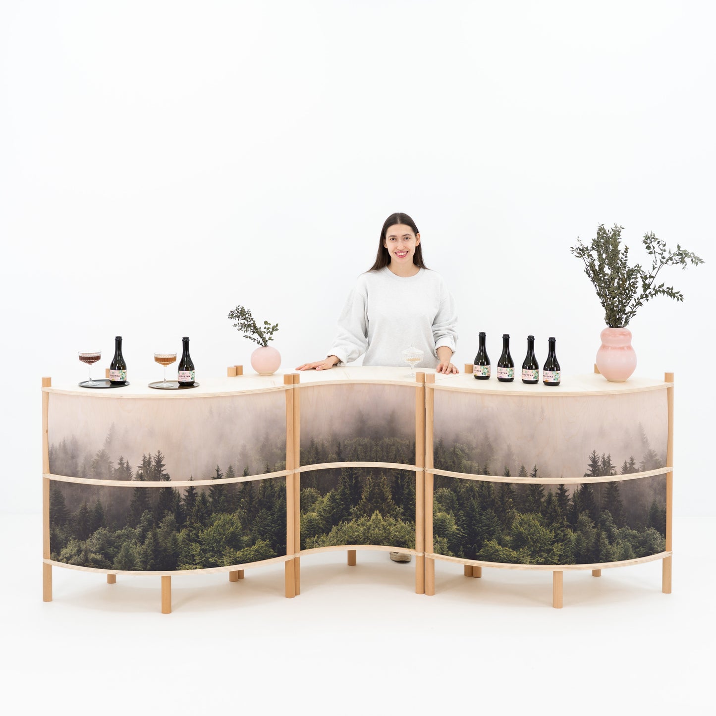 three-piece wave-shaped bambuk checkout counter set – front view
