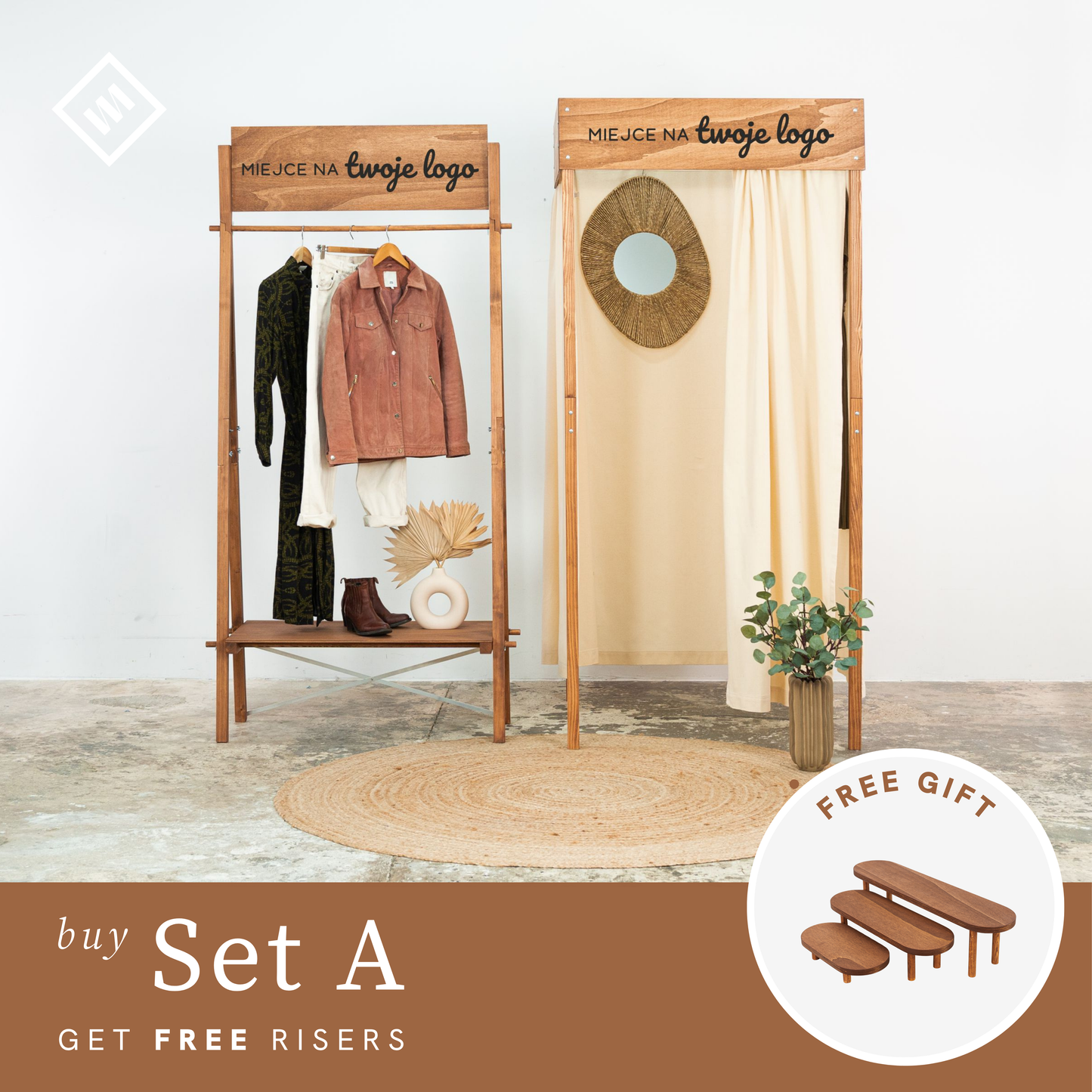 Portable fitting room and rack with customizable logo panels