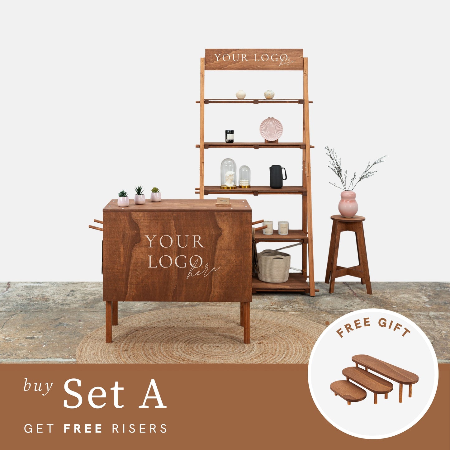 3-tiered wooden risers included in booth set