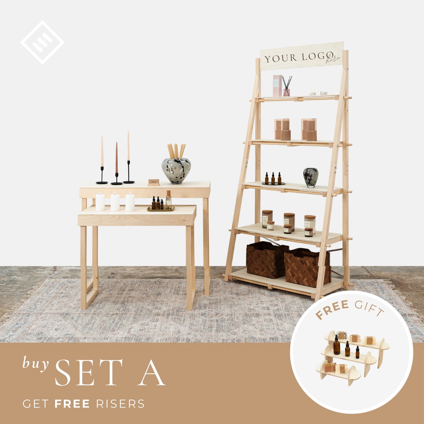 SET California: Total shop fixture, tables VC-15-NT & shelves VS-05-NT, perfect for events and shops