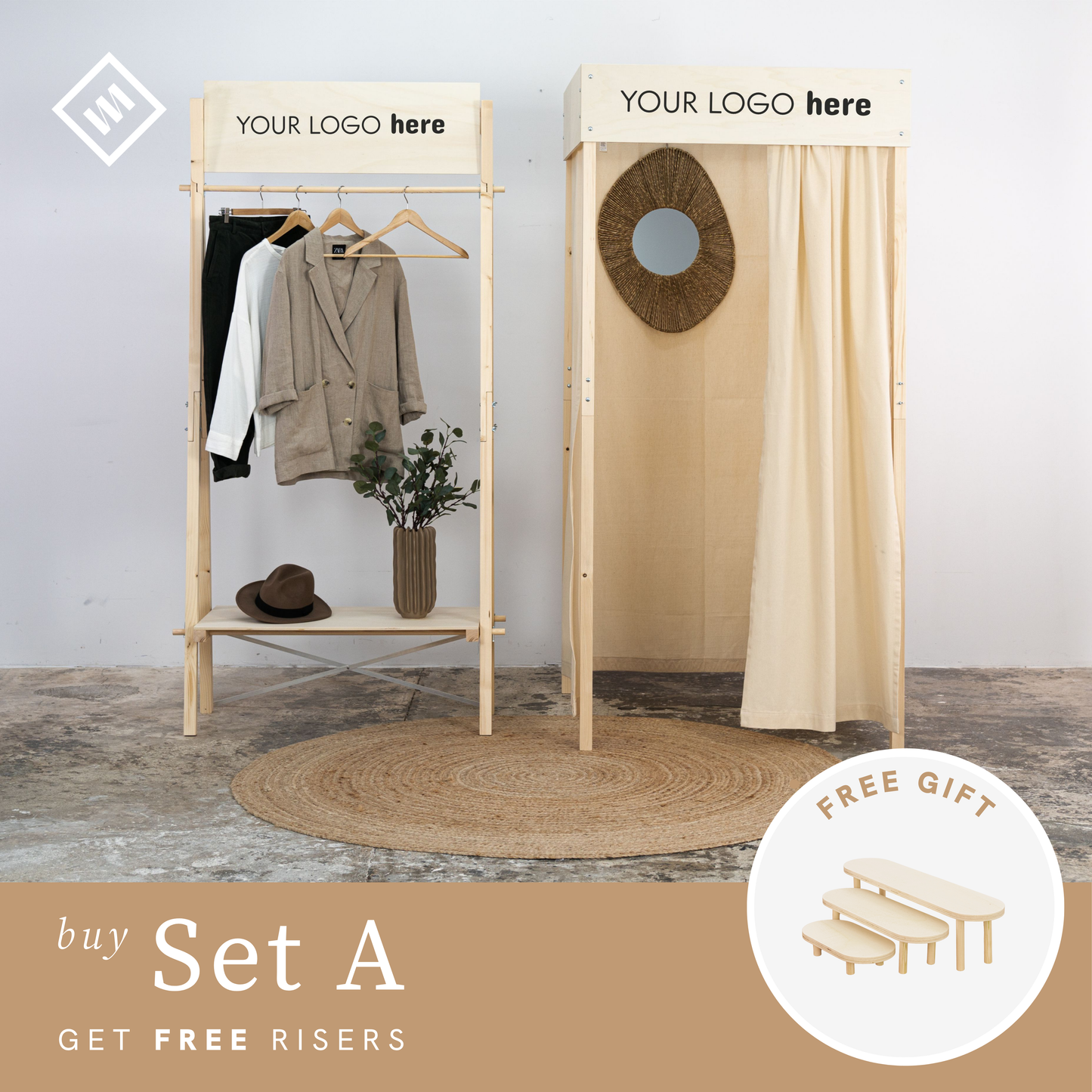 Fashion trade show setup with SET Chicago wooden display