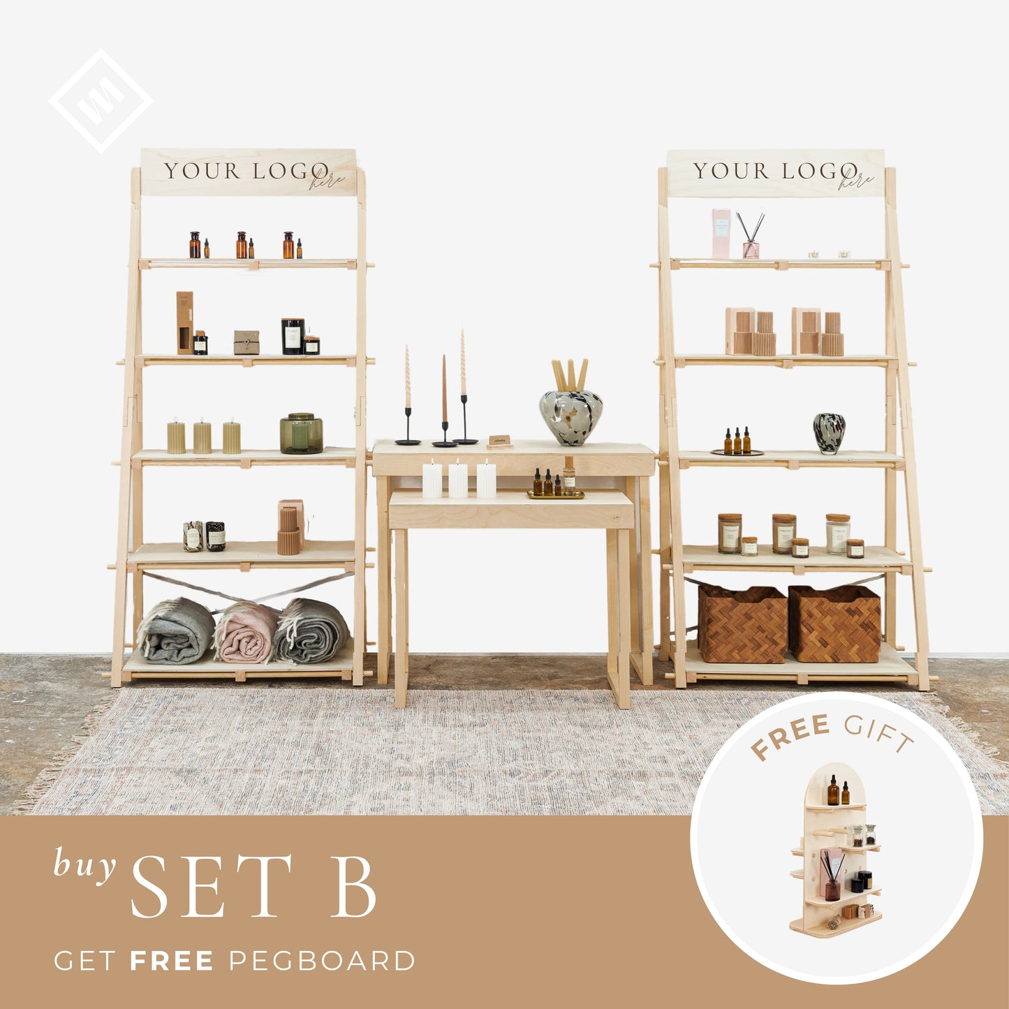 SET California: Total shop fixture, tables VC-15-NT & shelves VS-05-NT, perfect for events and shops