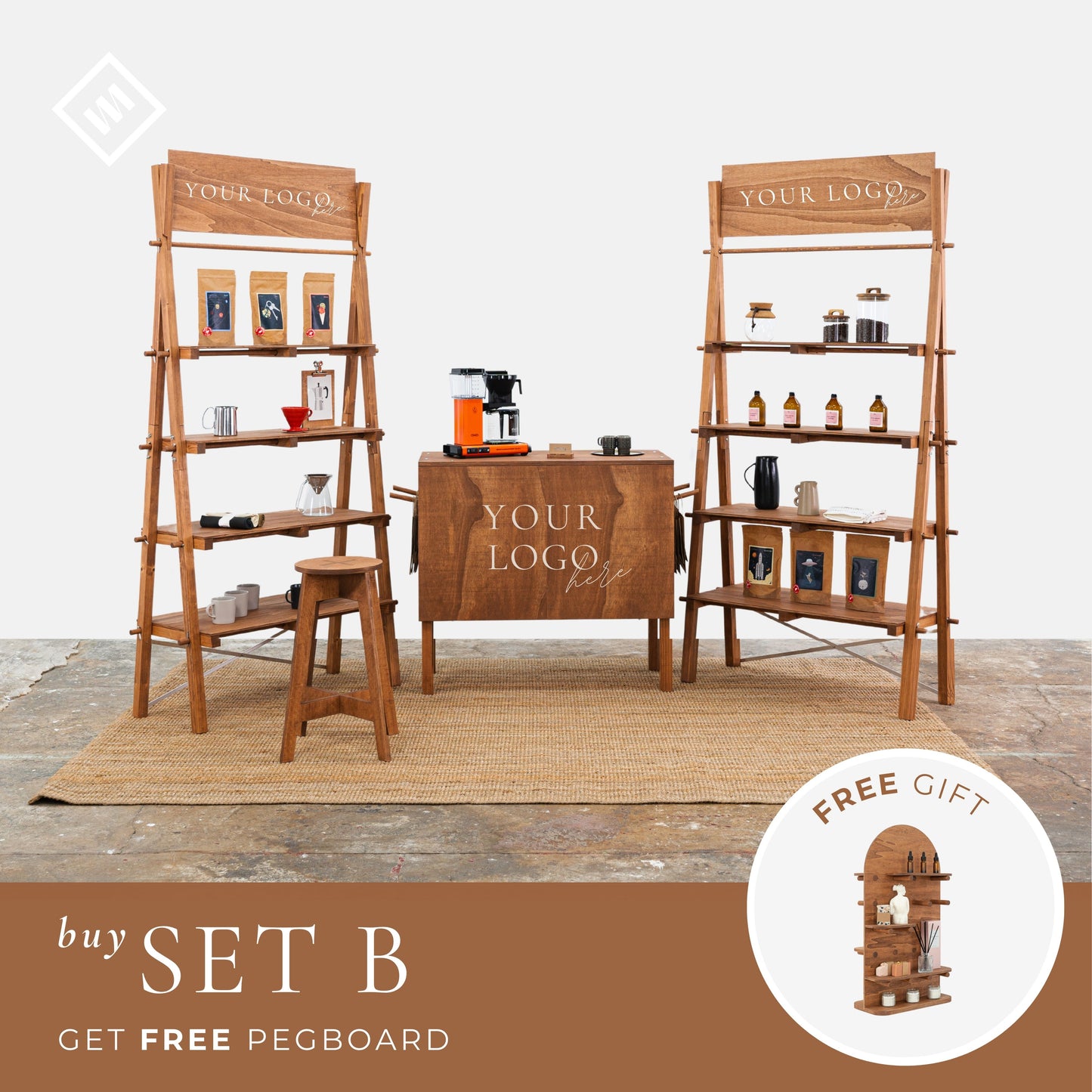 SET Dublin CF: Market fair display set VC-03-CF & VS-03-CF | pop up shop | shelving unit, check-out station and bar stool