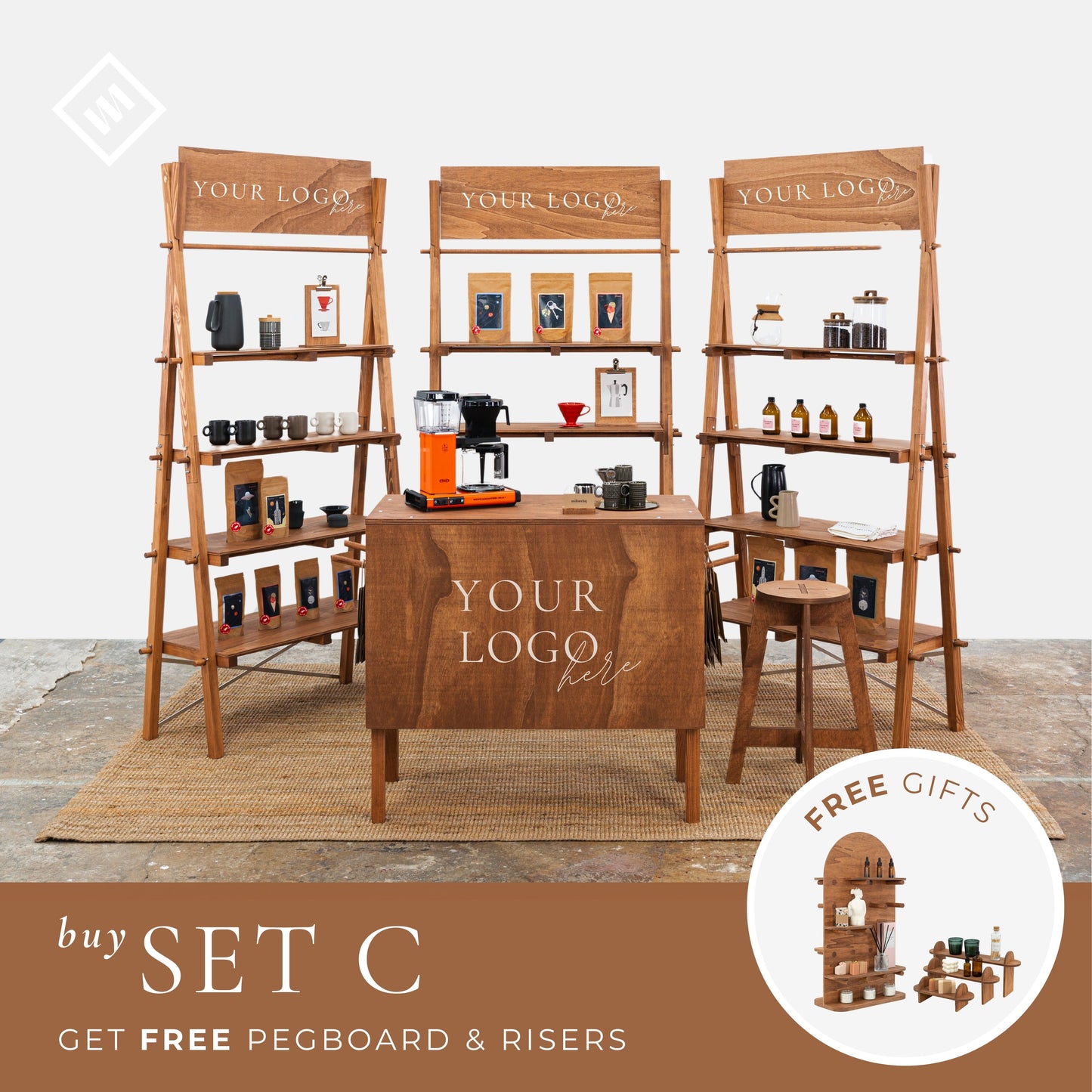 SET Dublin CF: Market fair display set VC-03-CF & VS-03-CF | pop up shop | shelving unit, check-out station and bar stool