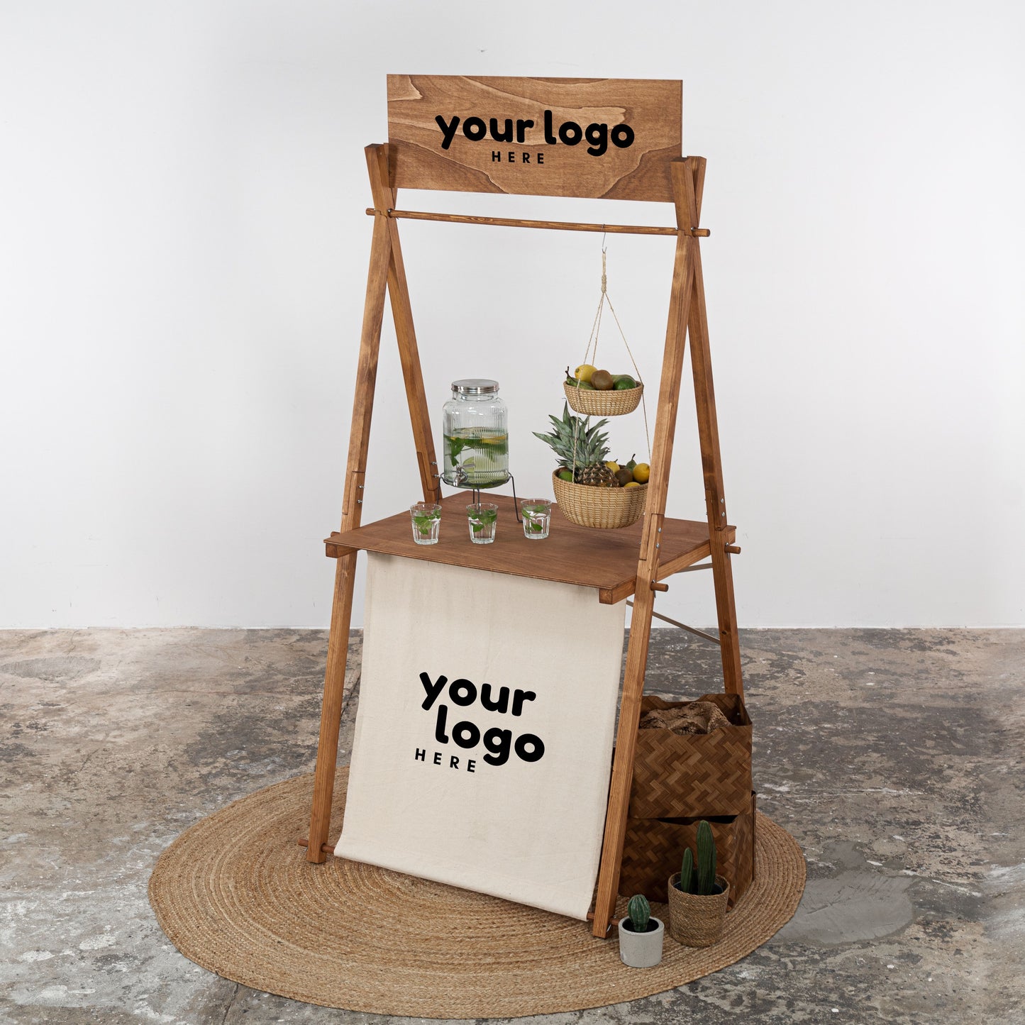 Coffee-colored mobile market stall with personalized top board and fabric front panel