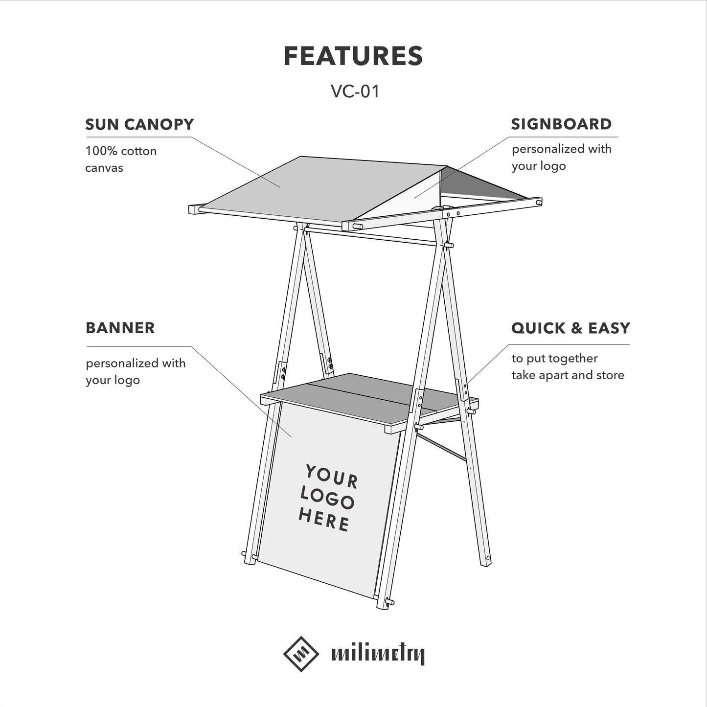 Serving station VC-01-CF in coffee color with front panel and sun canopy options, reusable wooden display, market stand