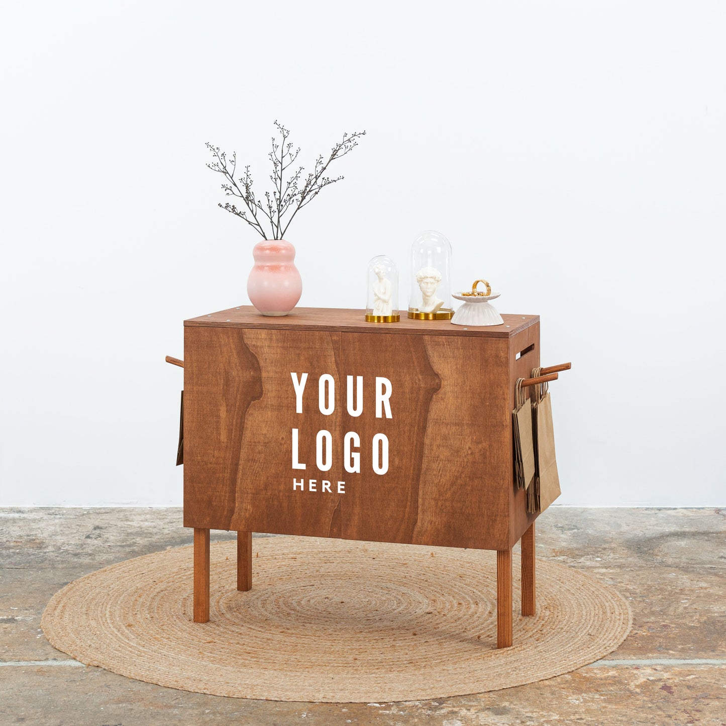 Trade fair checkout stand in dark wood tone