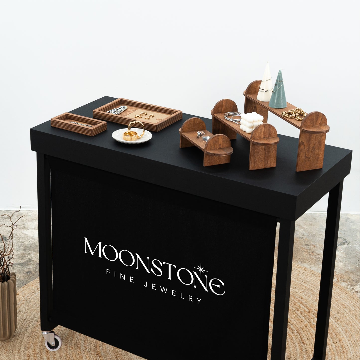 Table de vendeur VC-04-C-W-BL avec panneau de marque et roulettes, pliable, portable, pour salons et événements