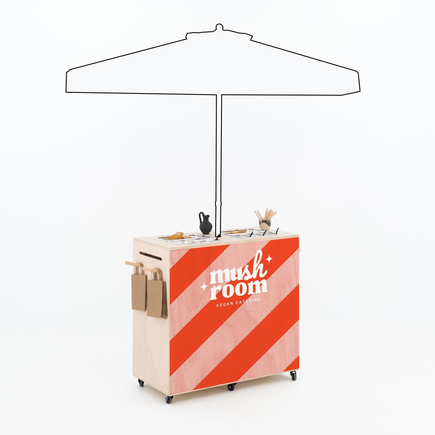 Mobile catering cart with umbrella cutout for outdoor food service