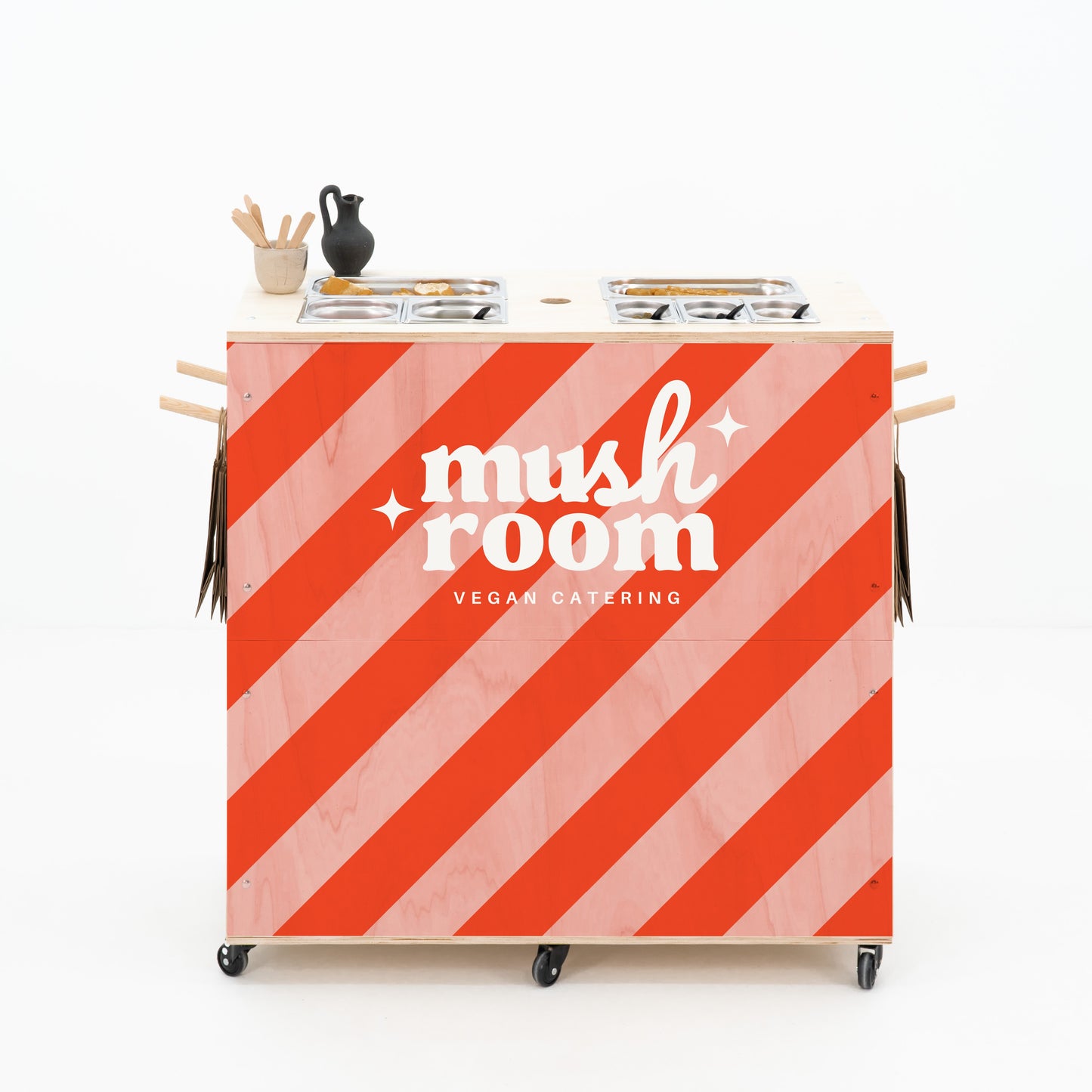 Portable food cart with integrated umbrella cutout and wooden countertop