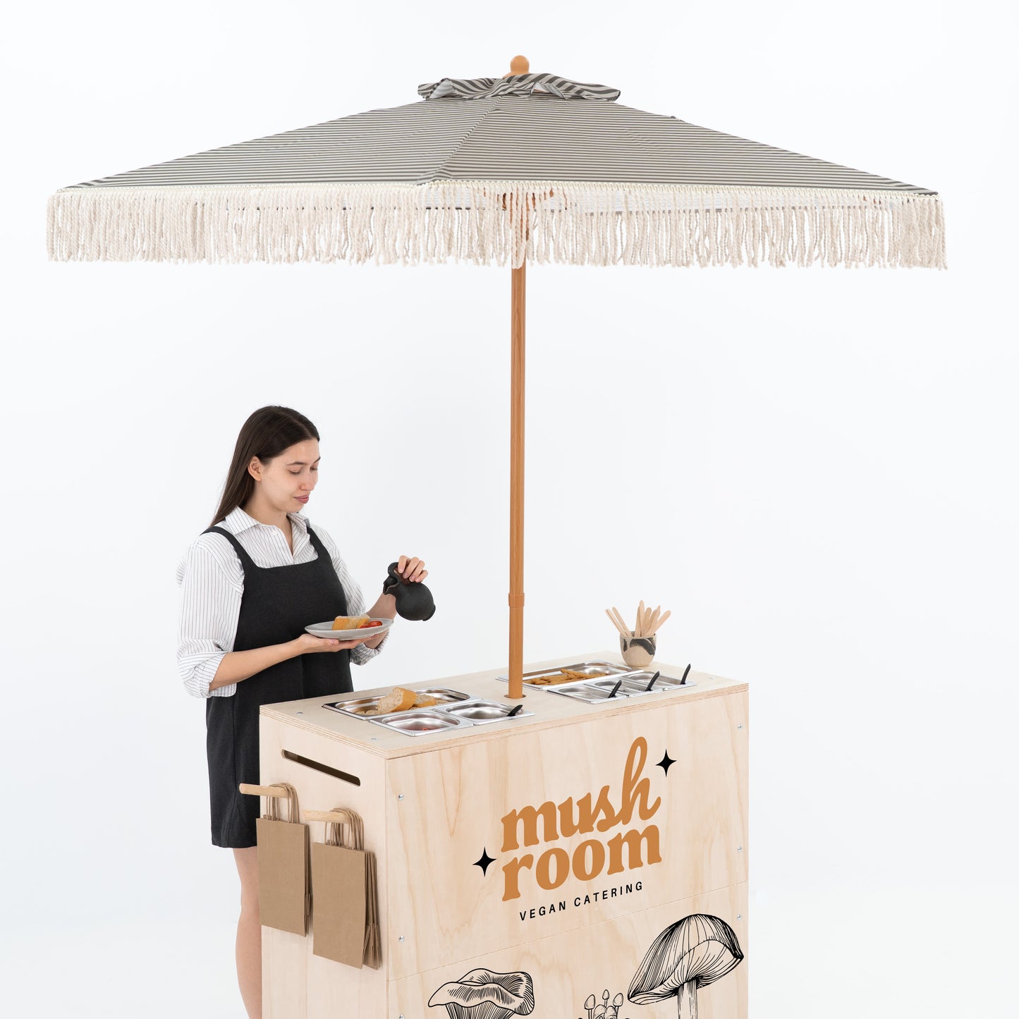 Event-ready mobile food cart with lockable caster wheels and umbrella cutout