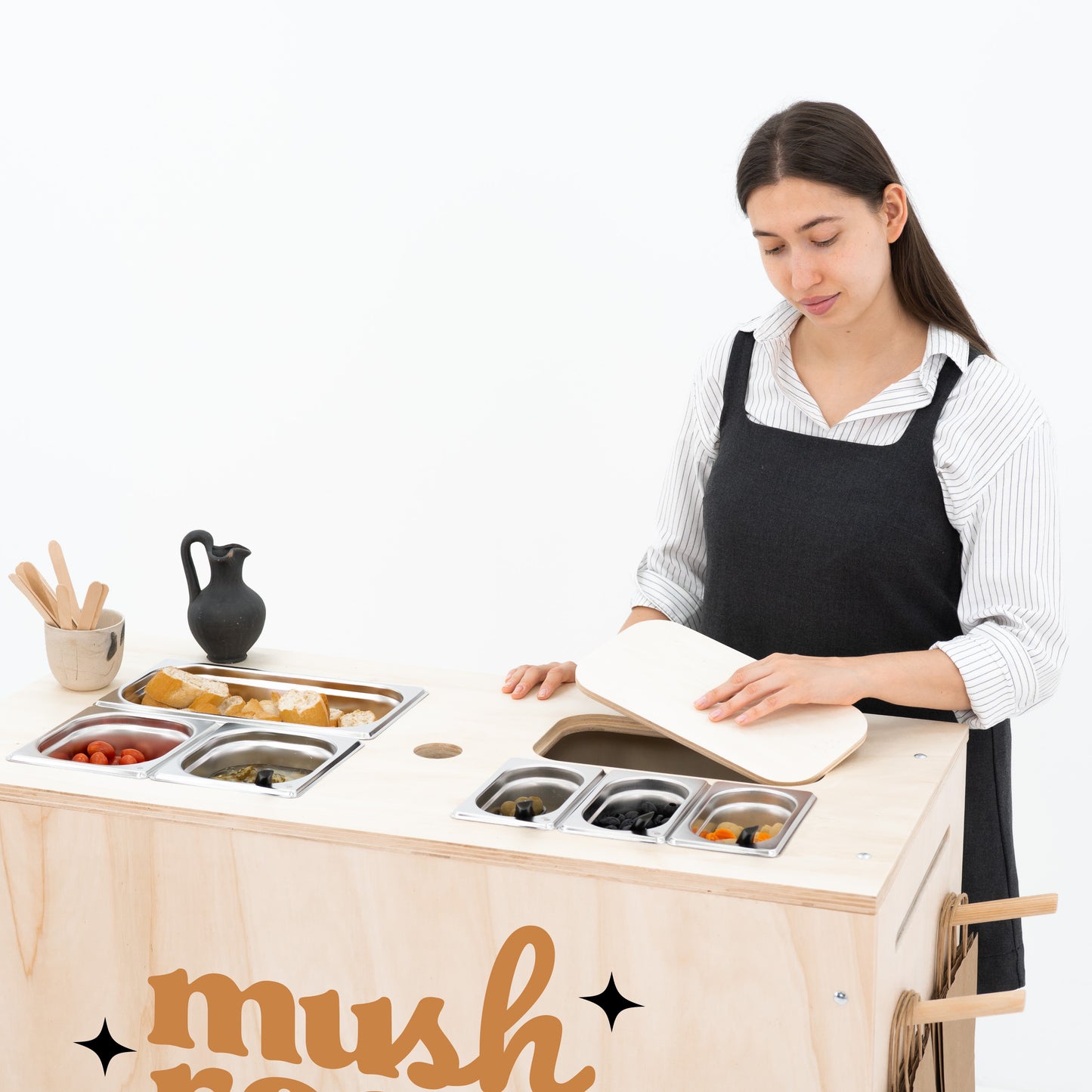 Customizable mobile catering cart with branding prints and umbrella cutout