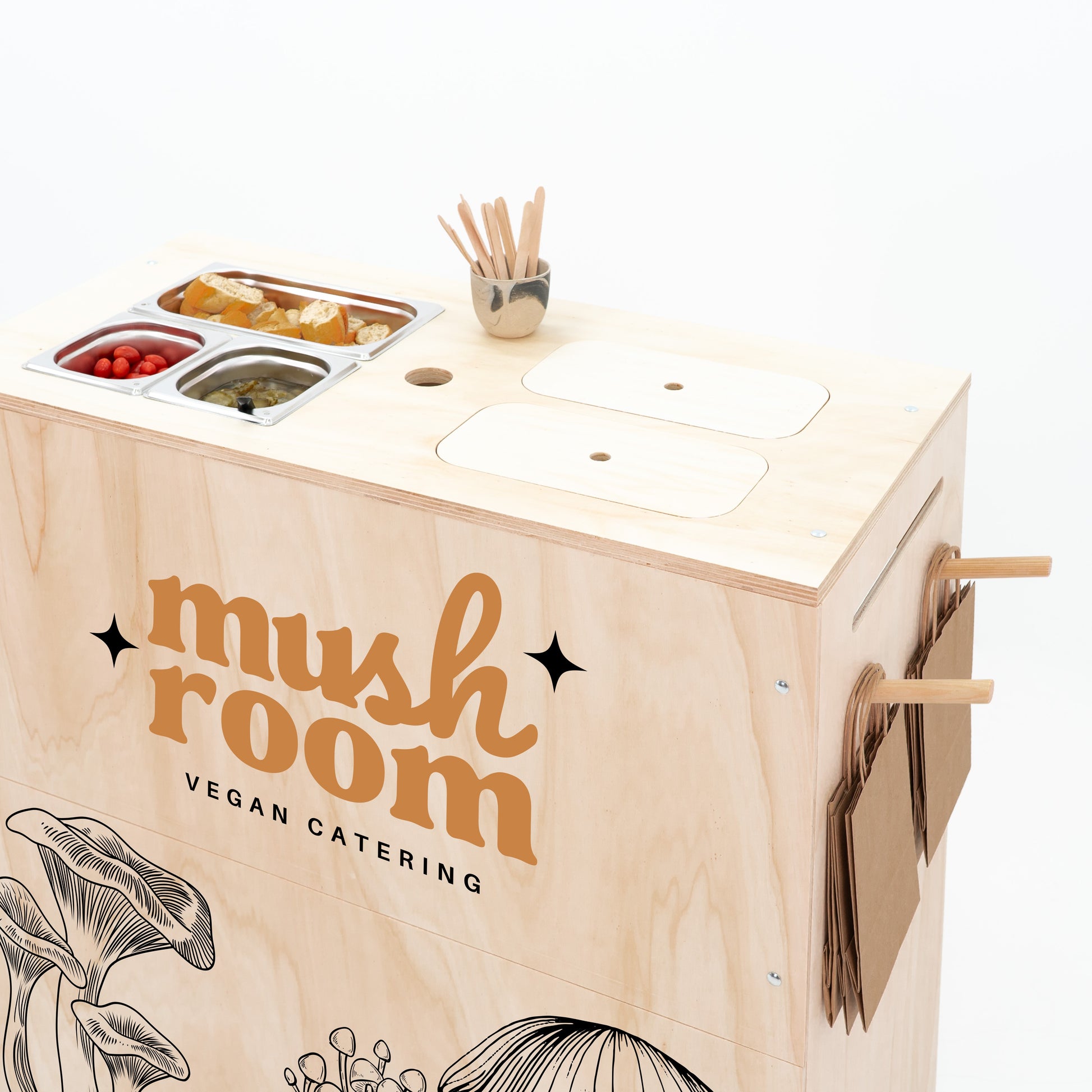 Portable food cart featuring wooden countertop and gastronorm insert cutouts