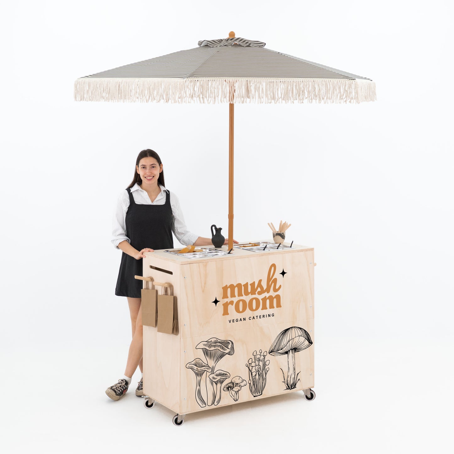 Chariot de restauration mobile avec parapluie VC-08-A-W-NT | couleur naturelle