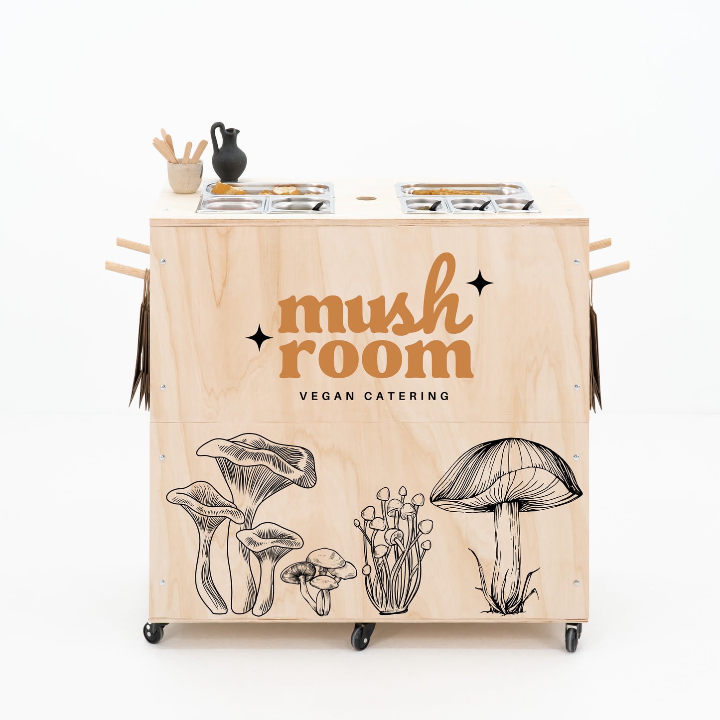 Outdoor catering station with branding options and storage shelves