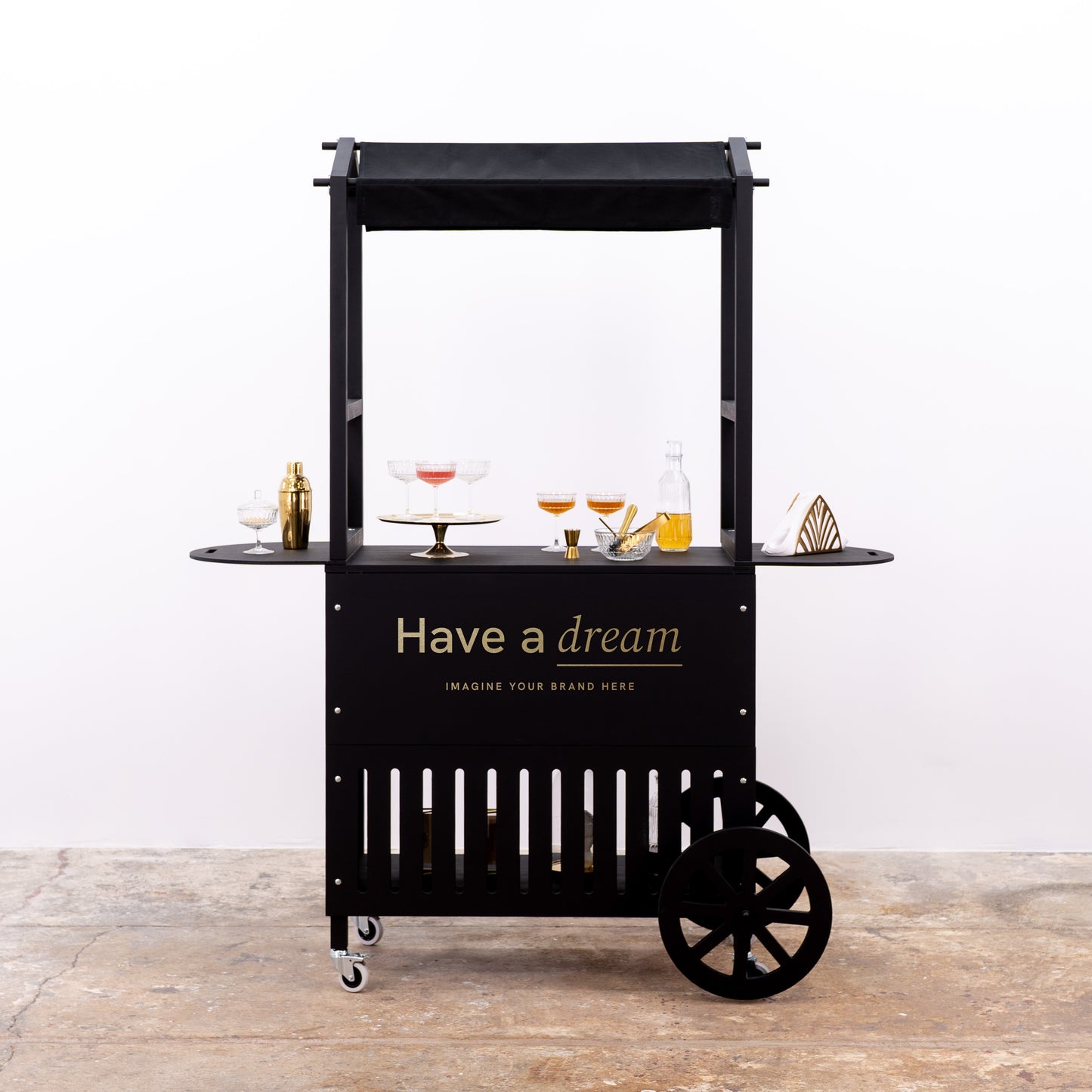 Mobile bar cart featuring a sleek black design with ample space for drinks and accessories, customized for branding.