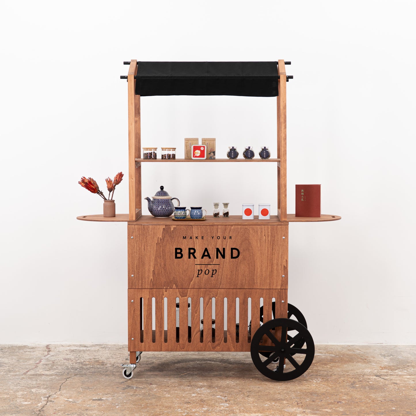 Customizable event cart in deep brown wood with logo option