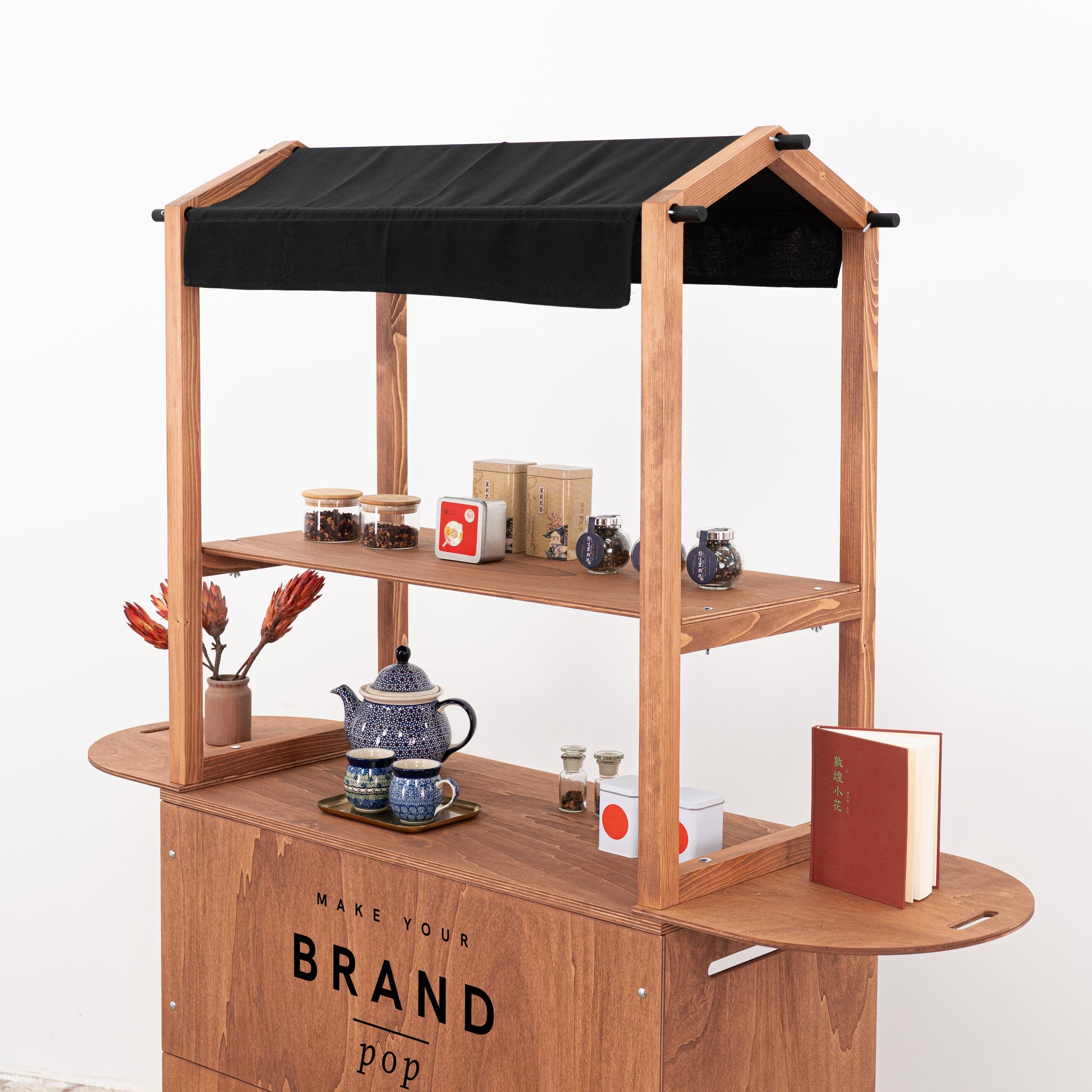Coffee-stained wooden promotional cart for artisan markets