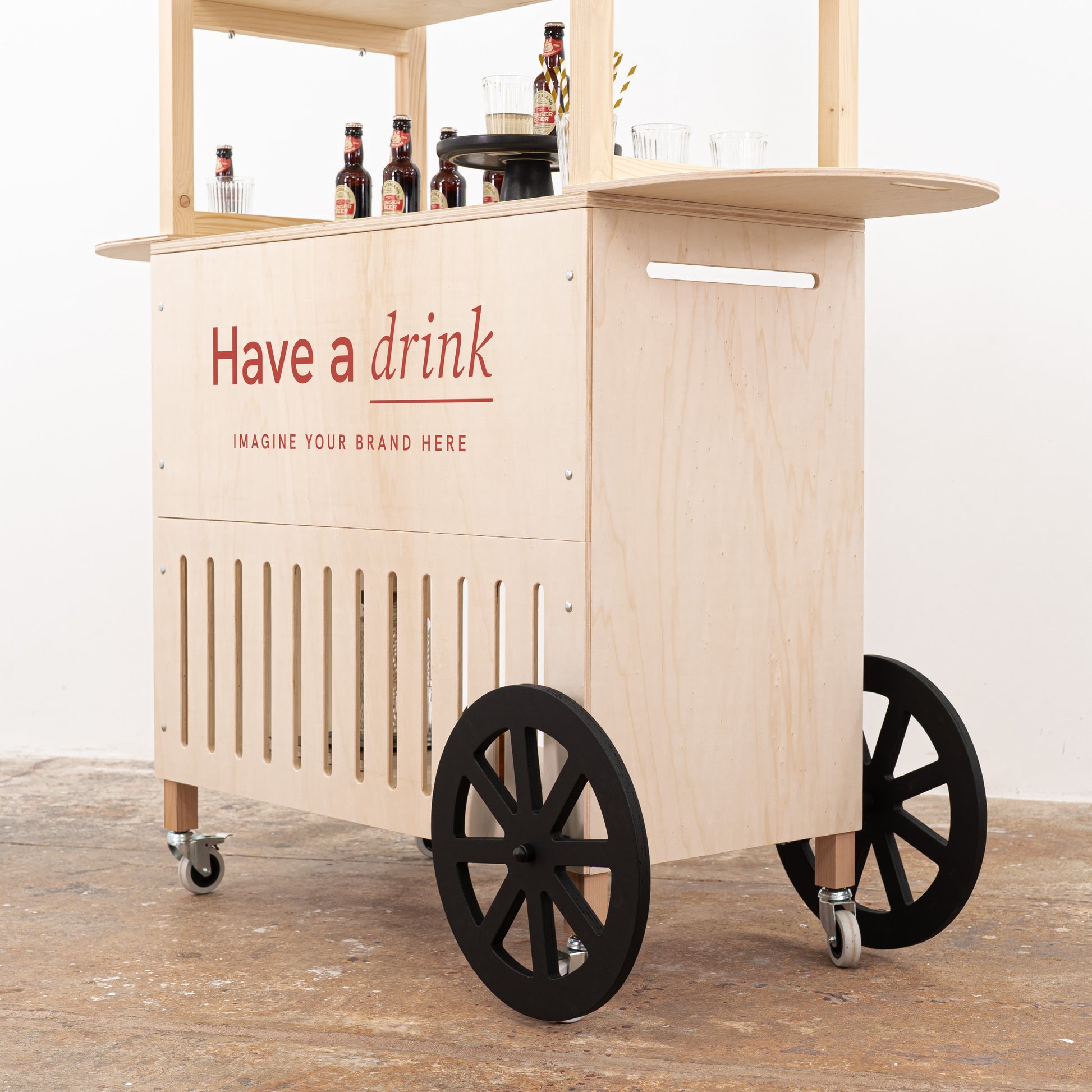 Handmade wooden cart with wheels, black canopy and bottle display