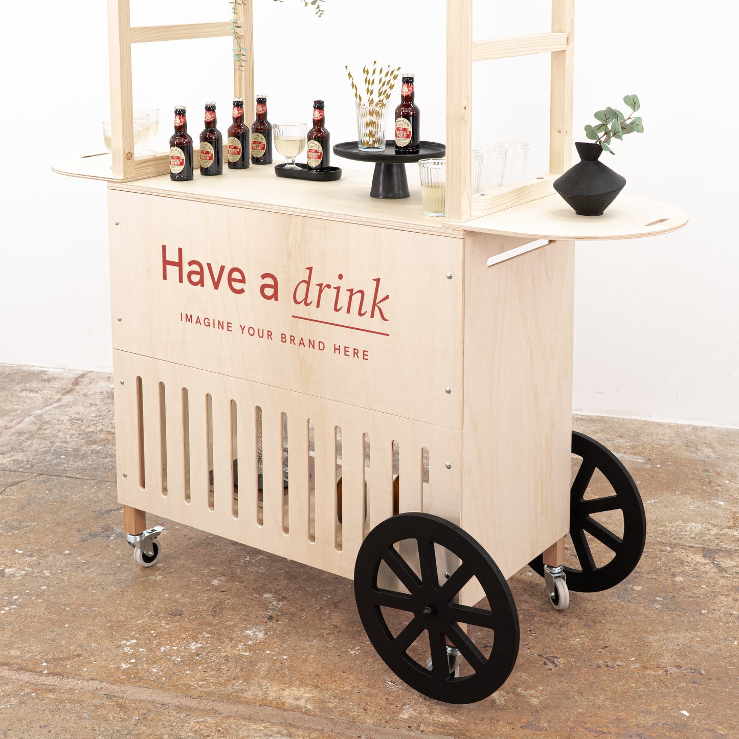 Wooden sampling cart for product tasting and promotional drinks