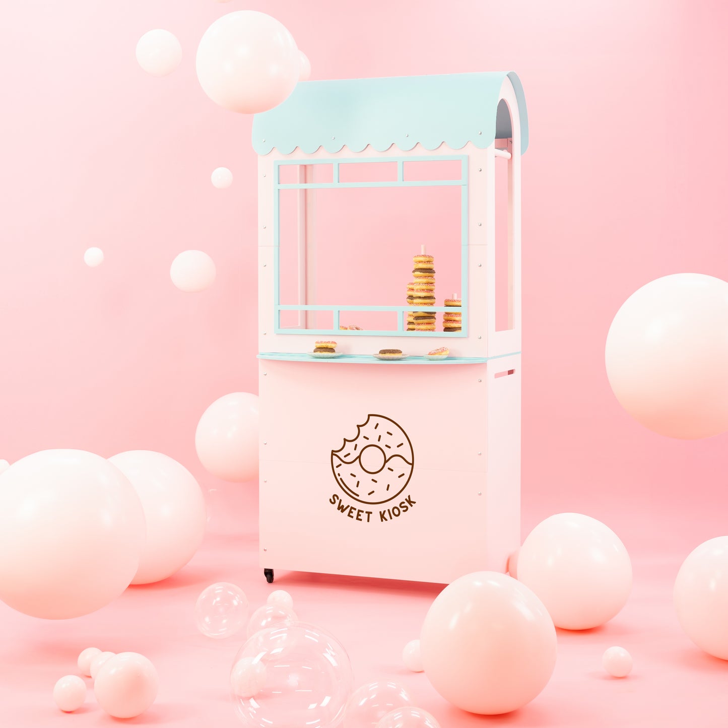 Collapsible event kiosk with shelves and lockable wheels for easy transport