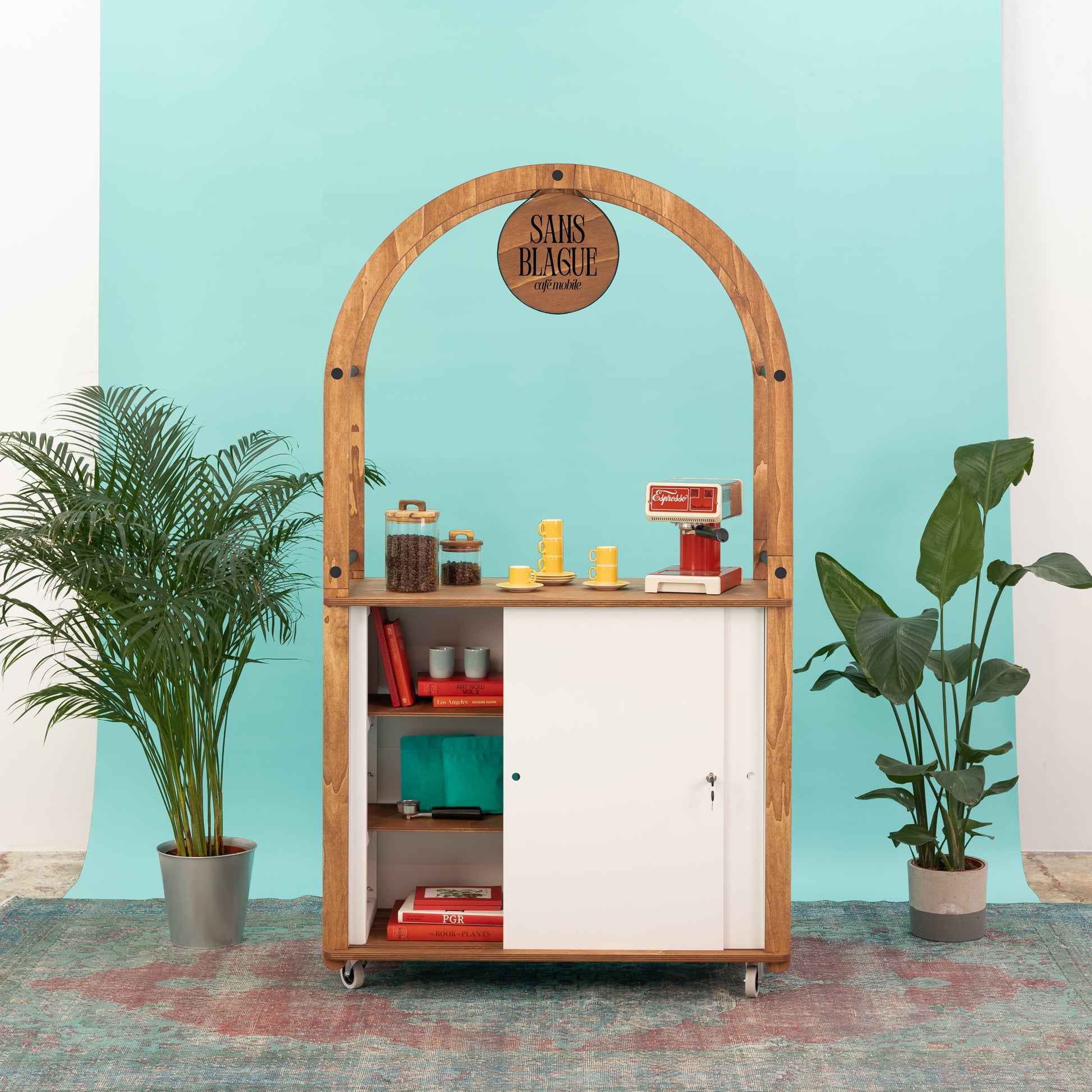 Elegant bistro trolley at corporate event snack bar setup