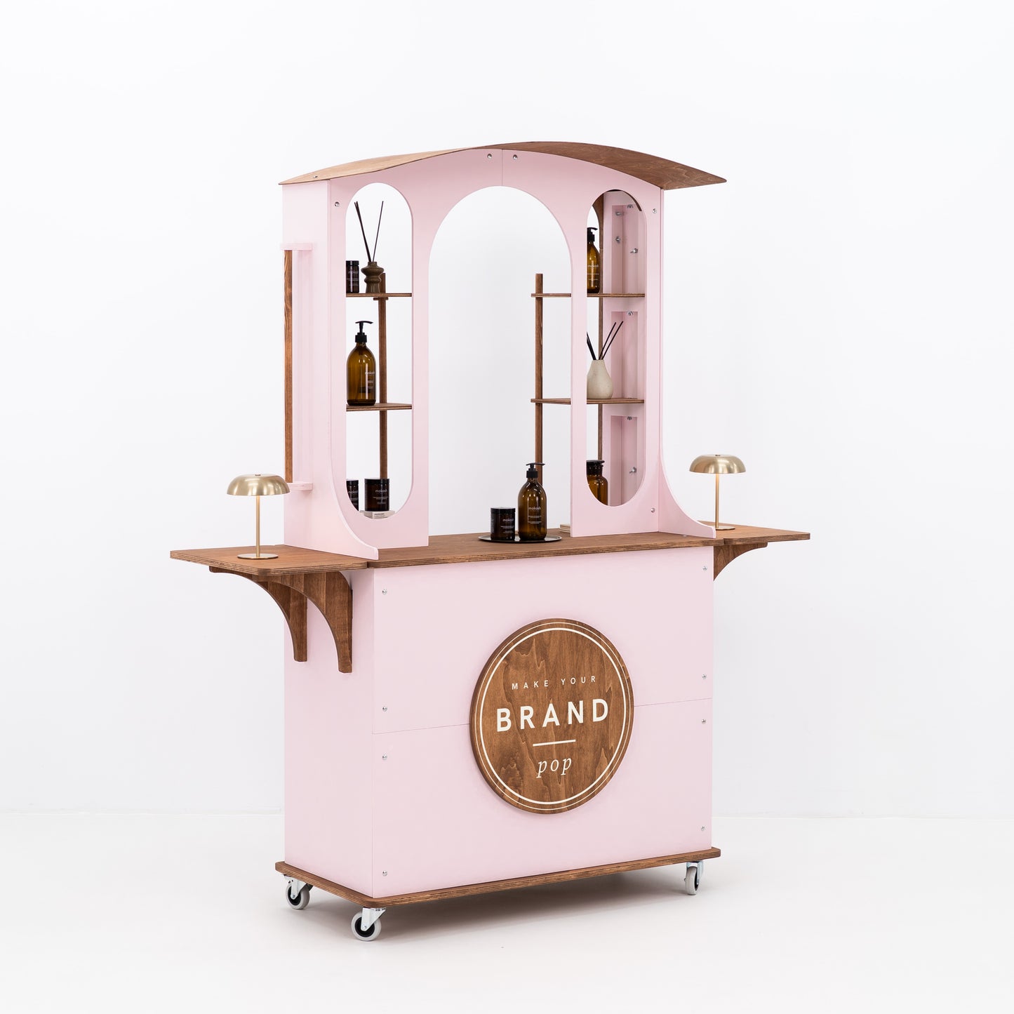 Merchandising booth with display cart setup