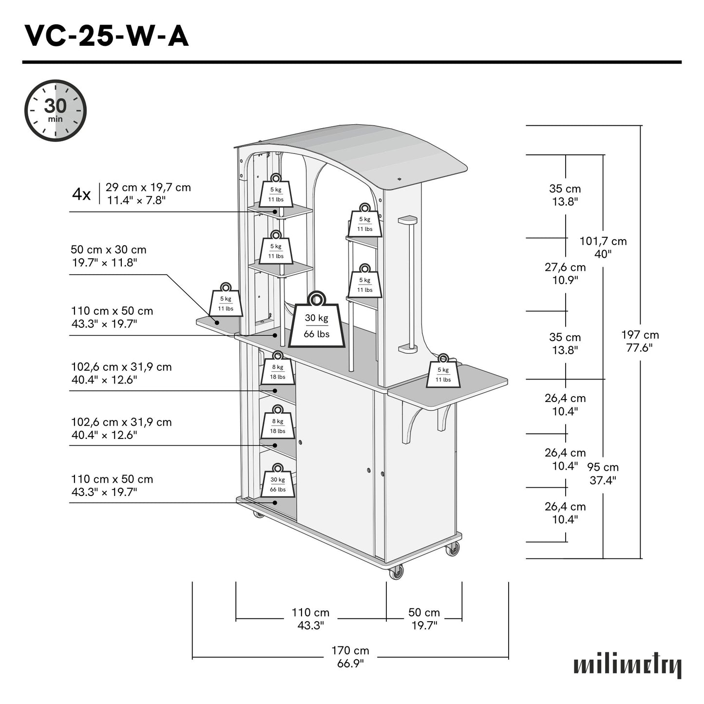 Barowy wózek Wagon z bocznymi stolikami VC-25-A-W-ML | kolor RAL/NCS