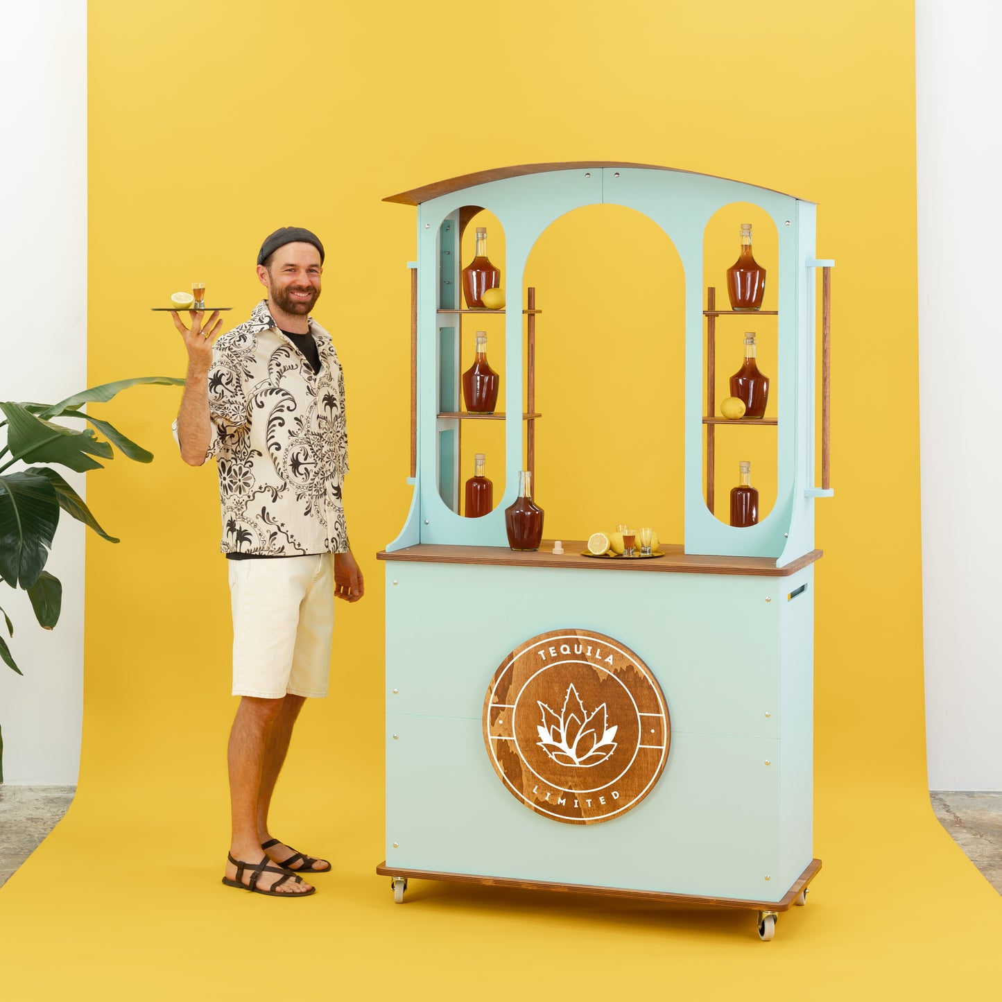 product showcase using mobile merchandising station with curved top