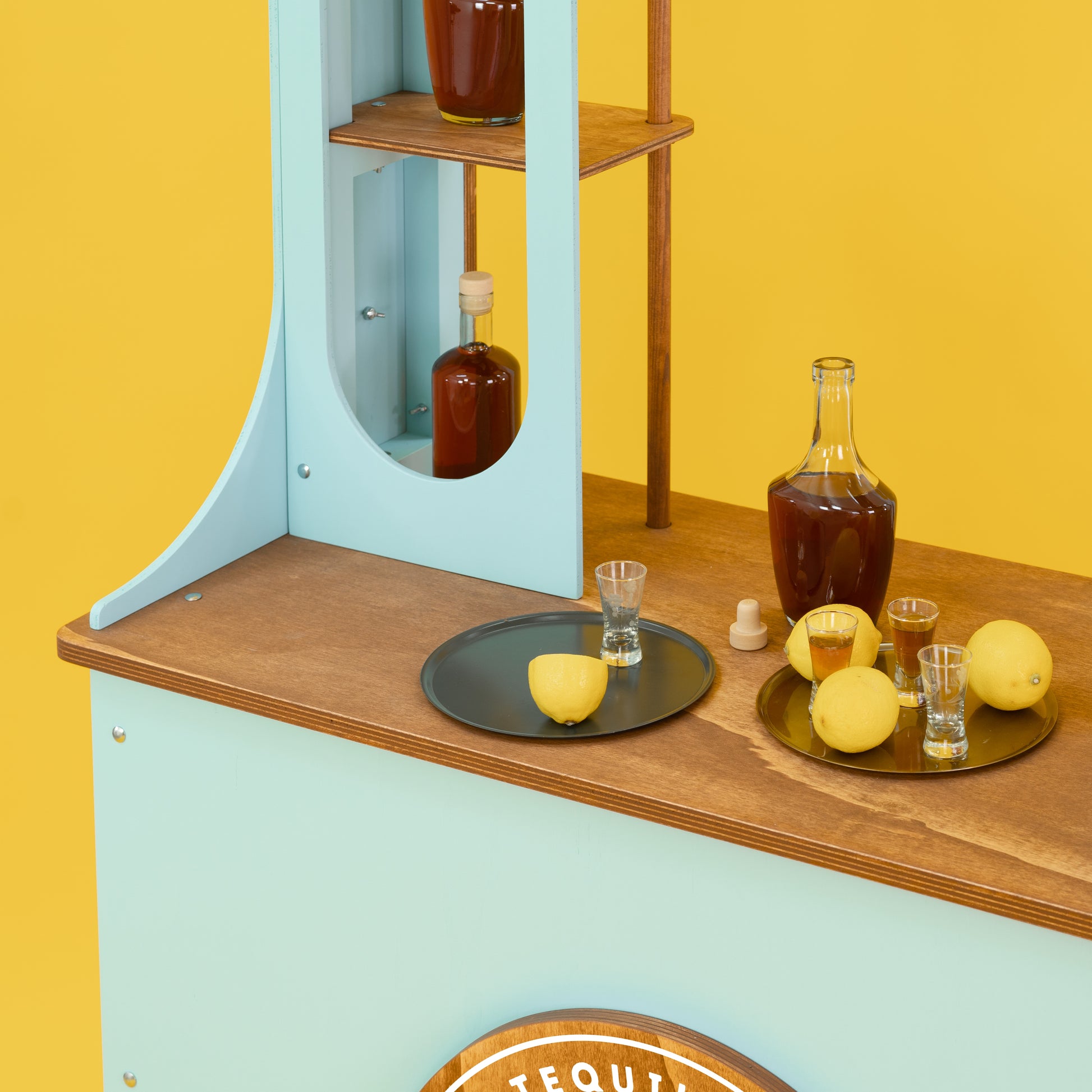mobile event display cart with shelving and branding area