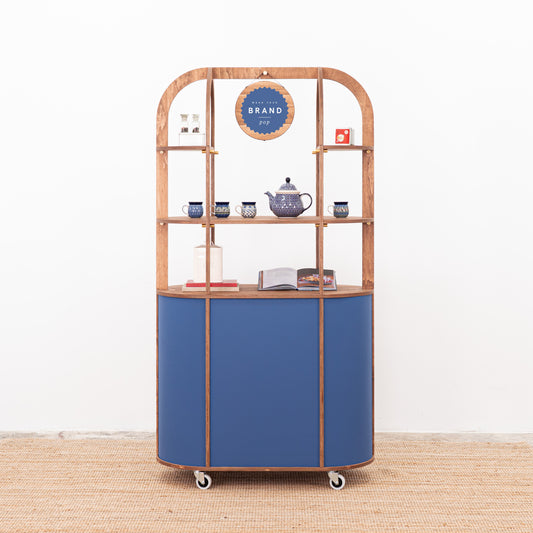 blue display cart with central shelf for retail