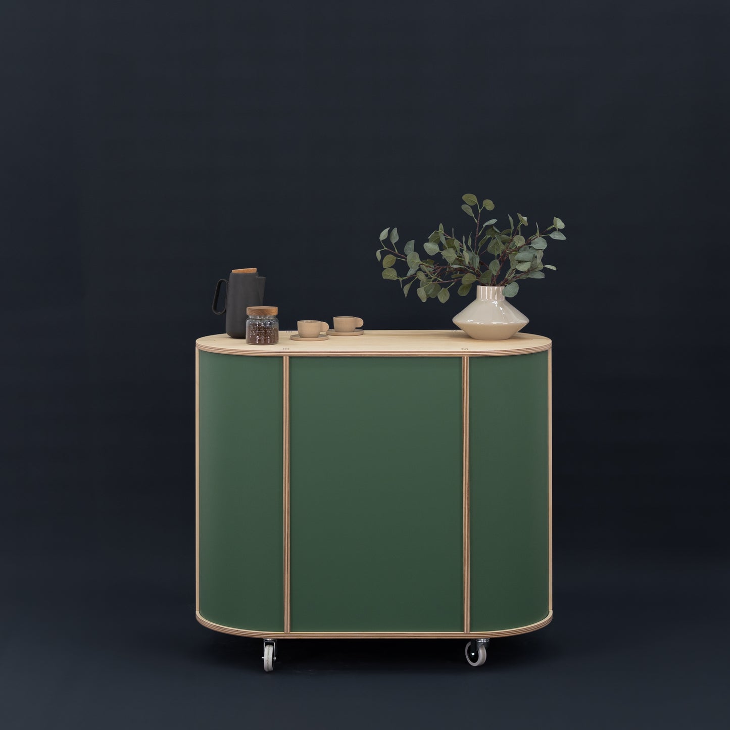 VC-23-W-ML mobile counter with spacious countertop and hidden storage compartments.