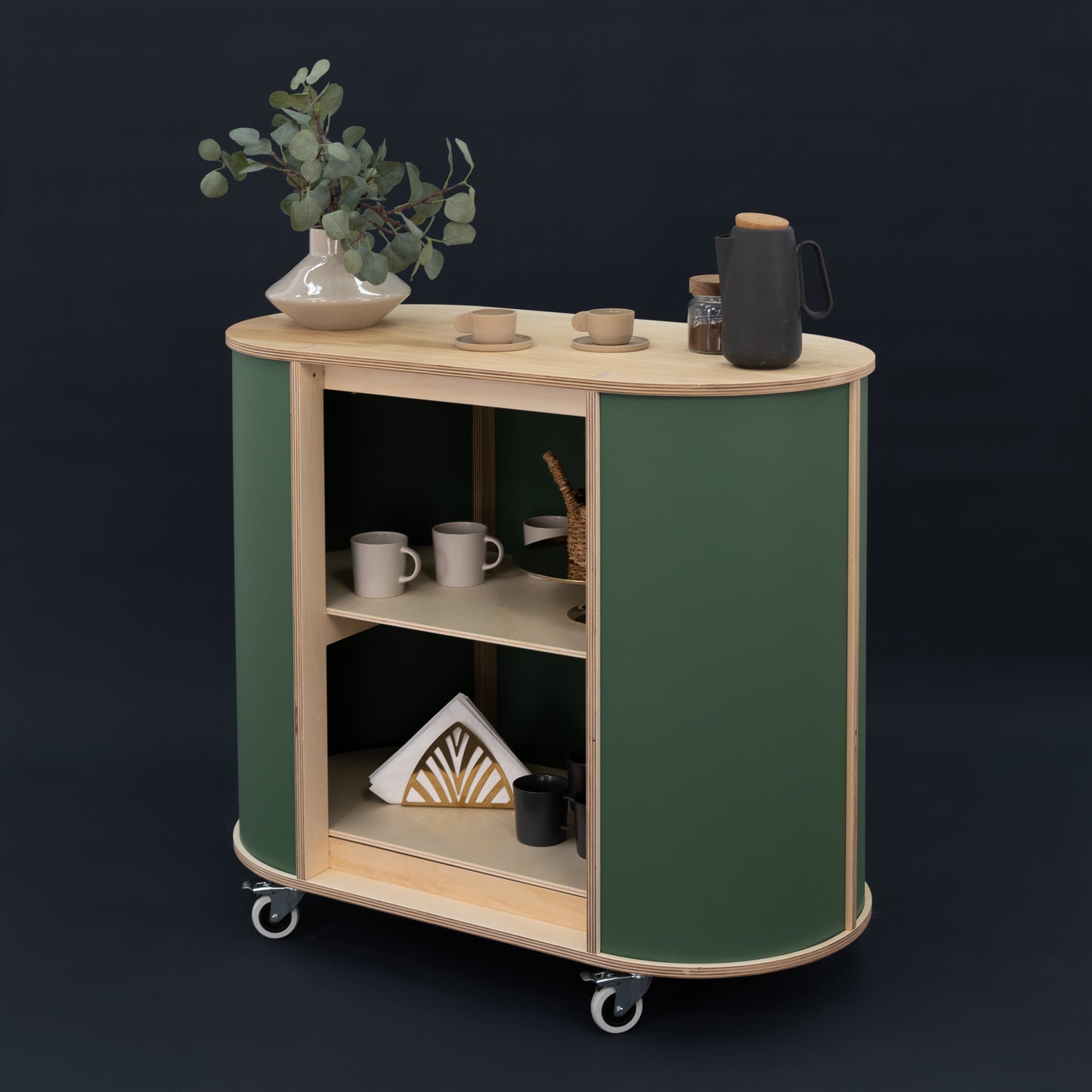Oval counter with modern design, ideal for showcasing products at events.
