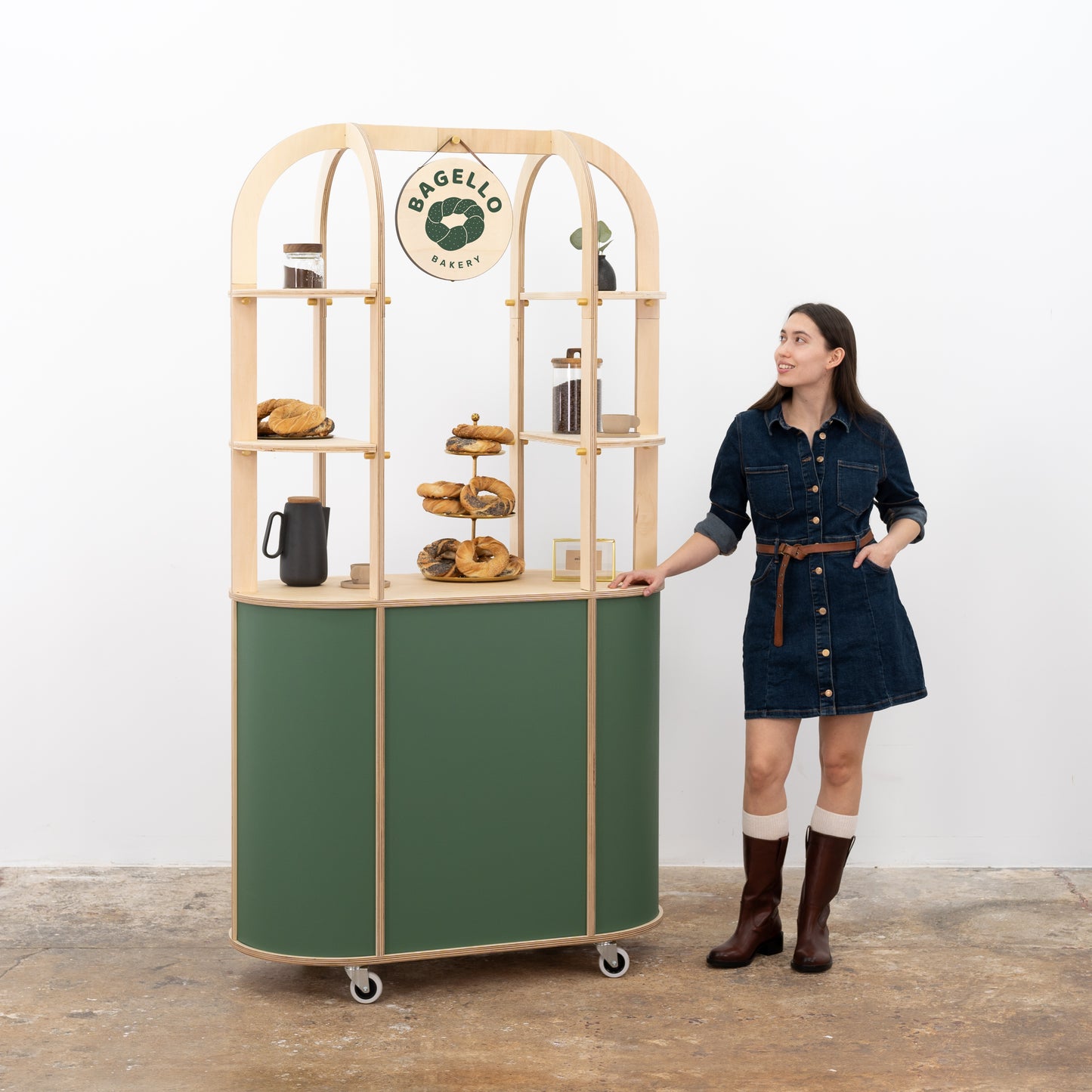 Custom brand activation kiosk with wooden finish