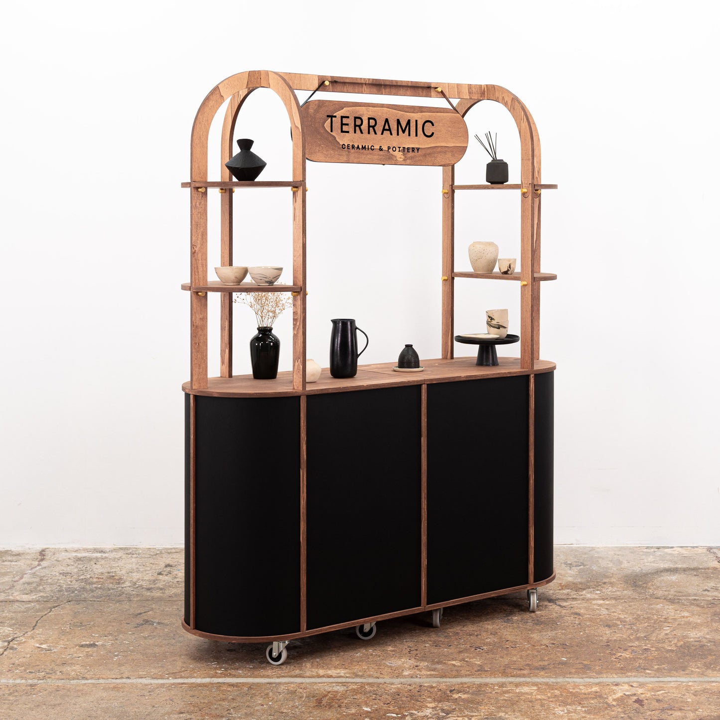 The VC-29 cart set up at a wedding reception, offering a stylish display for drinks, cakes, or appetizers.