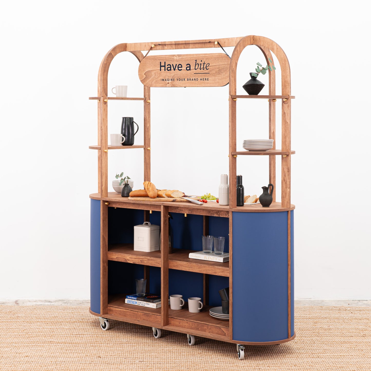 Elegant catering cart with wheels and customizable wood finish