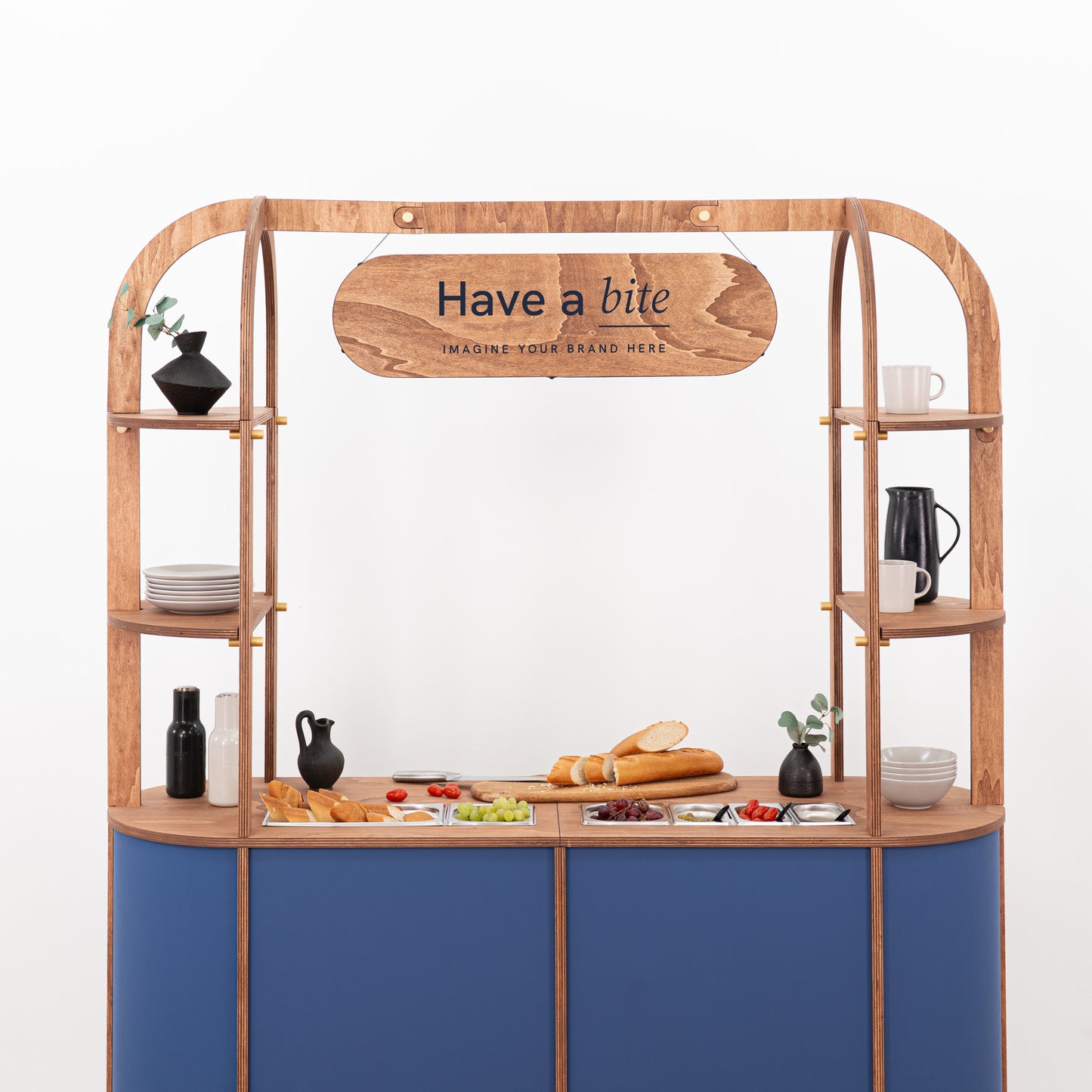 Portable display cart with integrated food service trays for events