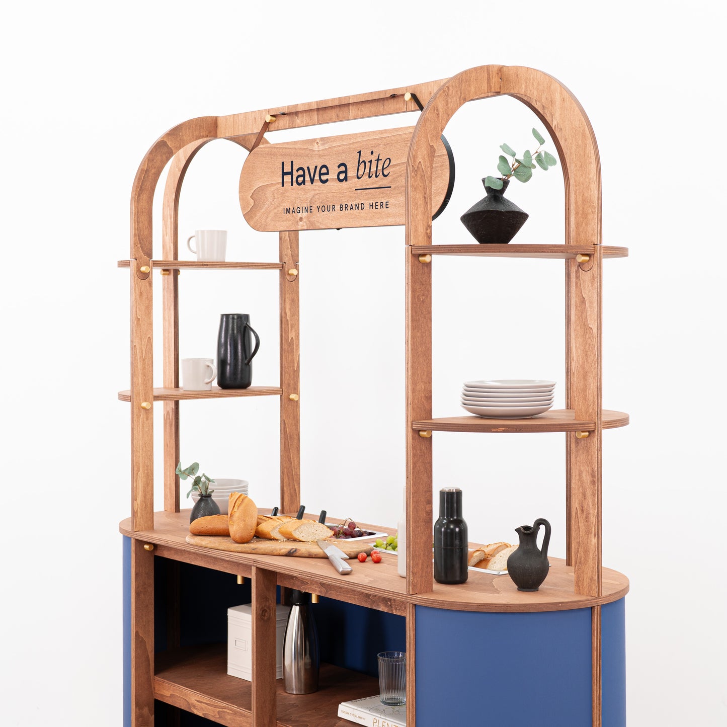 Customizable blue charcuterie cart with "Have a bite" sign and shelves