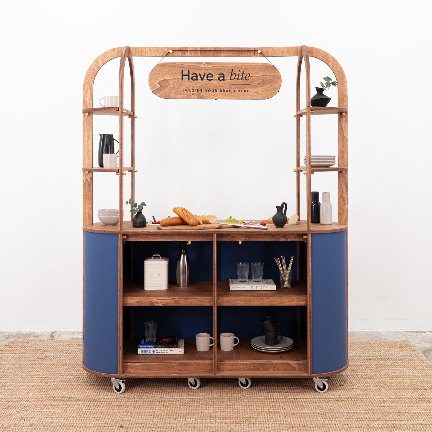 Mobile charcuterie cart with natural wood accents and custom color base